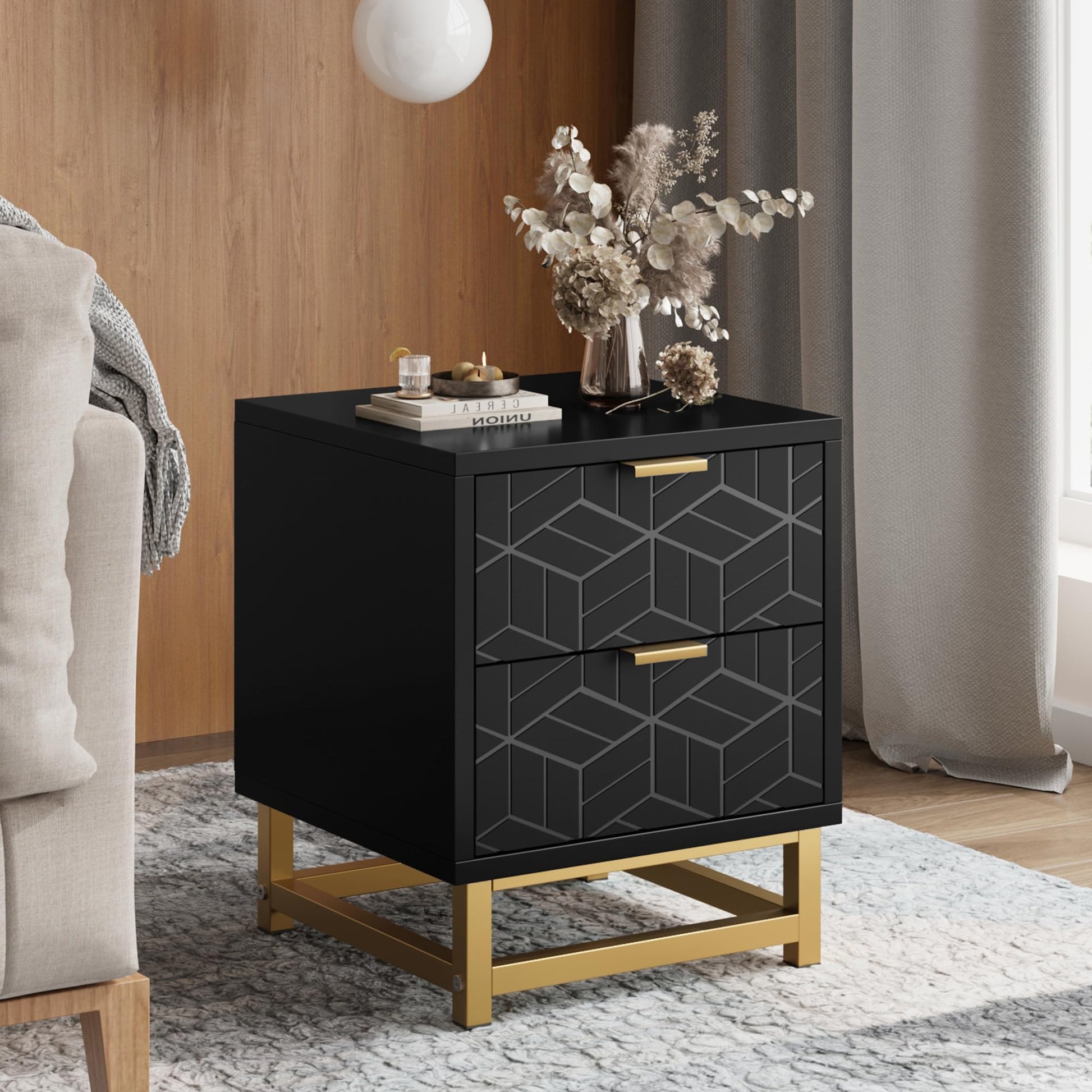Garvee Black 4 Drawer Dresser, Large Dresser for Bedroom, Wood Dresser with 3 Large Drawers, Modern Dressers with Gold Metal Handles for Living Room, 