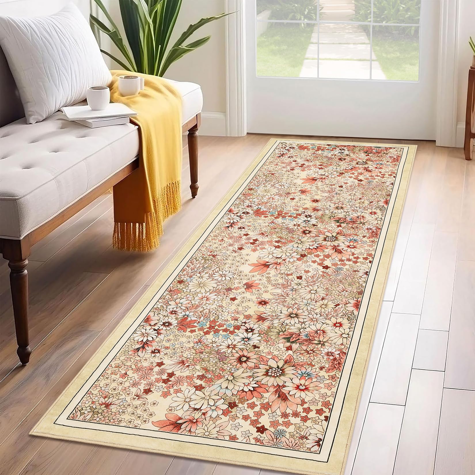 Garvee 2'x6' Runner Rug Non Slip Washable Soft Floral Carpet for Hallways Kitchen Yellow