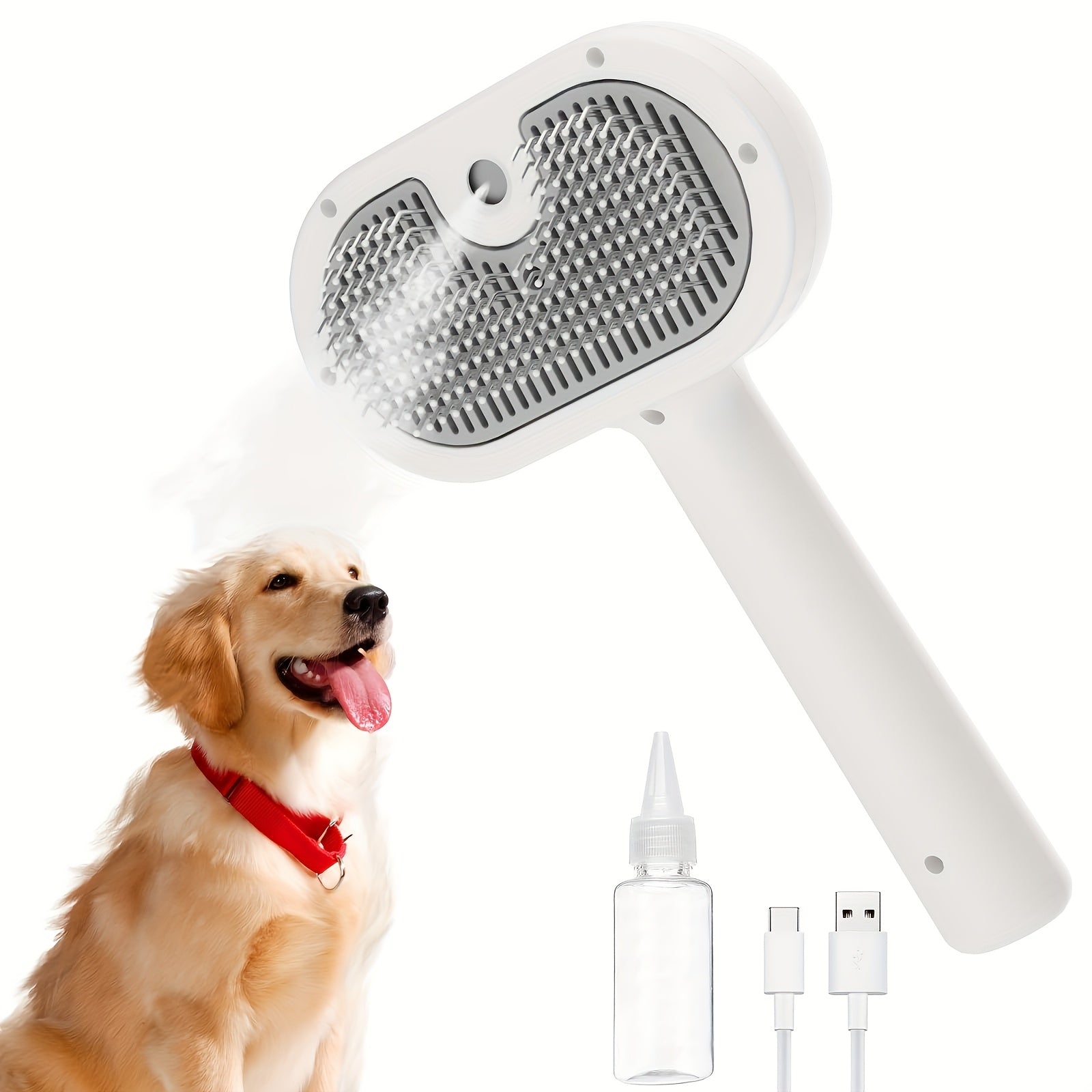 TEMU Pet Grooming Brush With Spray - Self-cleaning, Anti-static Shedding Comb For | Gentle Steel Teeth, Water Included | Travel-, Hair Removal,
