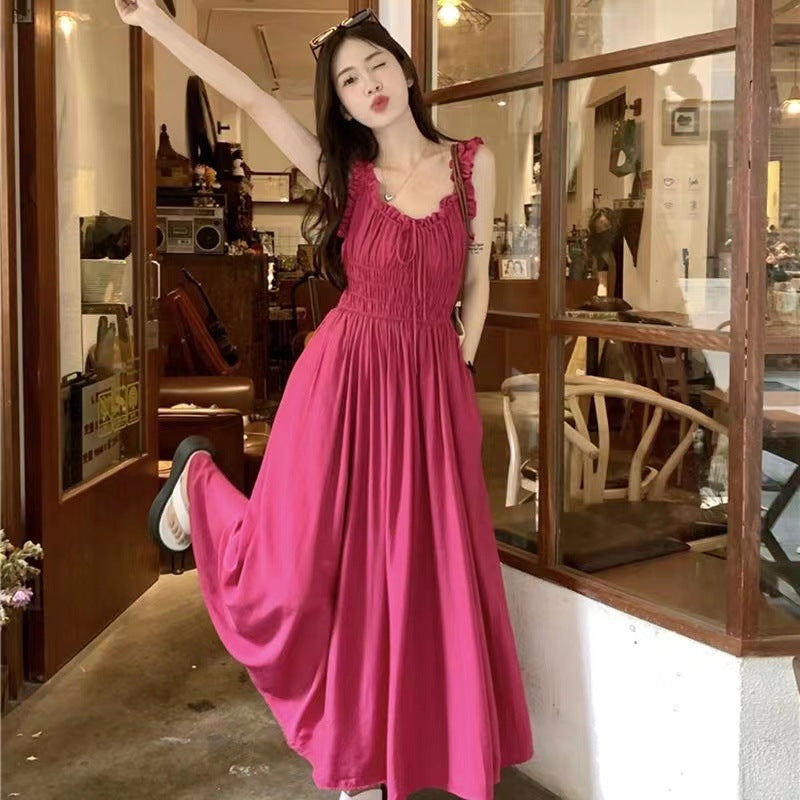 125 large size French retro red V-neck suspender skirt pleated waist large swing dress female super fairy sweet long skirt