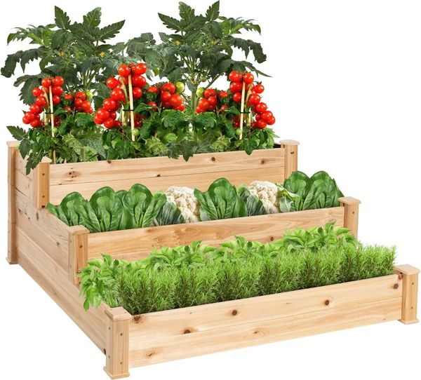 Choice Products 3Tier Fir Wood Raised Garden Bed Planter Kit for Plants Herbs Vegetables Outdoor Gardening wStackable 240529