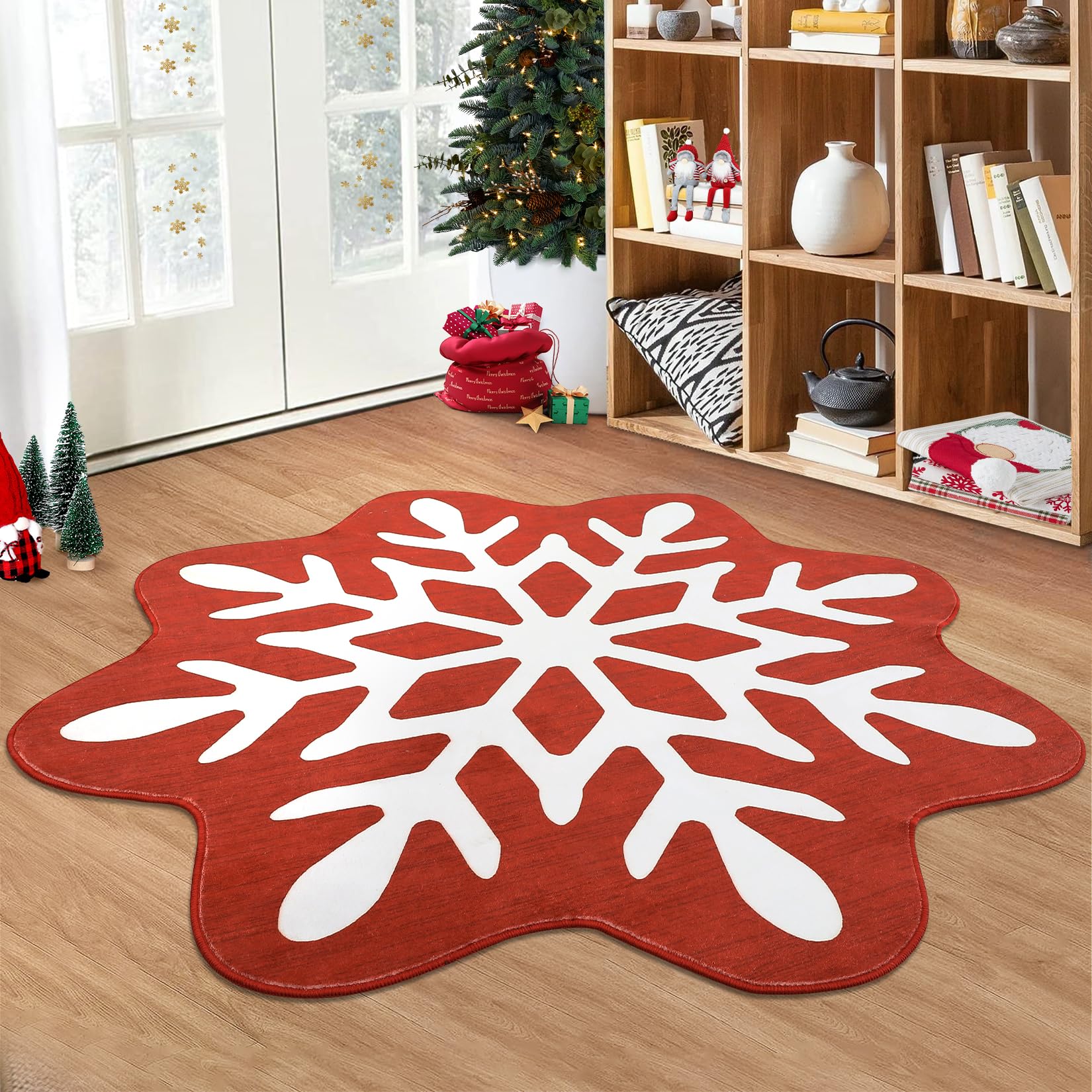 Garvee Snowfake Rug 3FT Christmas Rug Living Room Rug Machine Washable Non Slip Bedroom Decor Red Christmas Area Rug Small Kids Rug Soft Floor Mats Lo