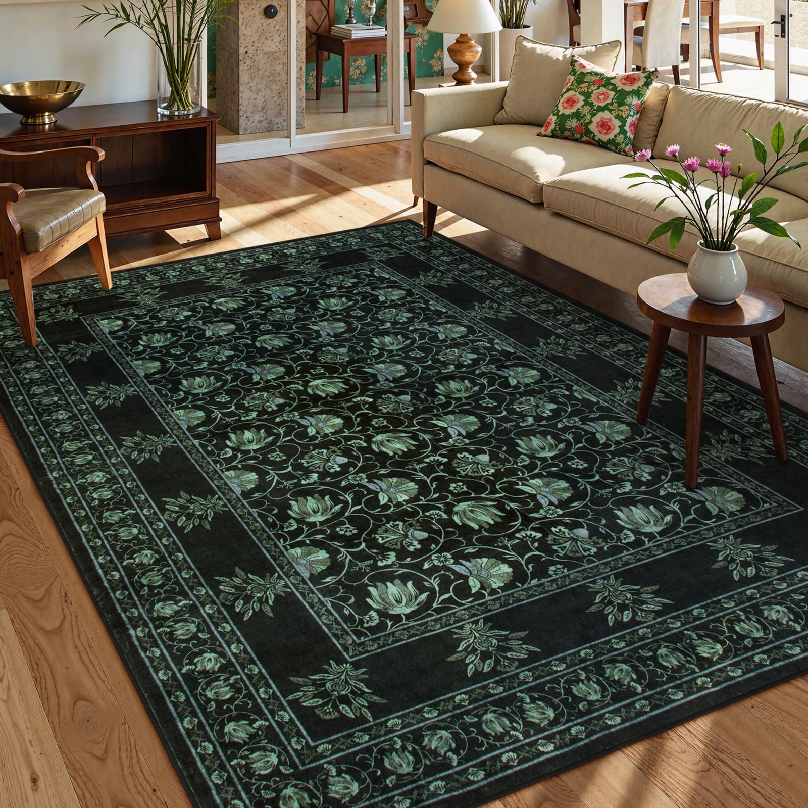 Lahome Floral Black Rugs for Living Room, Low Pile Soft Area Rugs 5x7 Rugs for Bedroom Non Slip, Stain Resistant Vintage Floral Rug for Dining Room Of