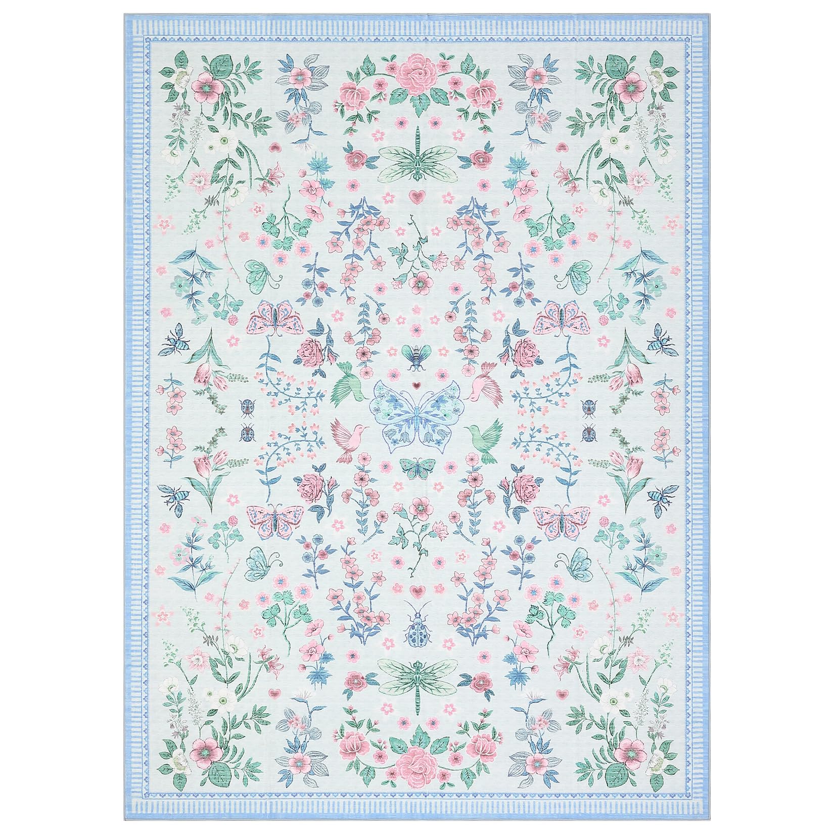 Garvee 8x10 Modern Floral Machine Washable Area Rug Blue, Non-Slip Stain Resistant Low Pile Carpet for Living Room Bedroom Dining Room Playroom Home O