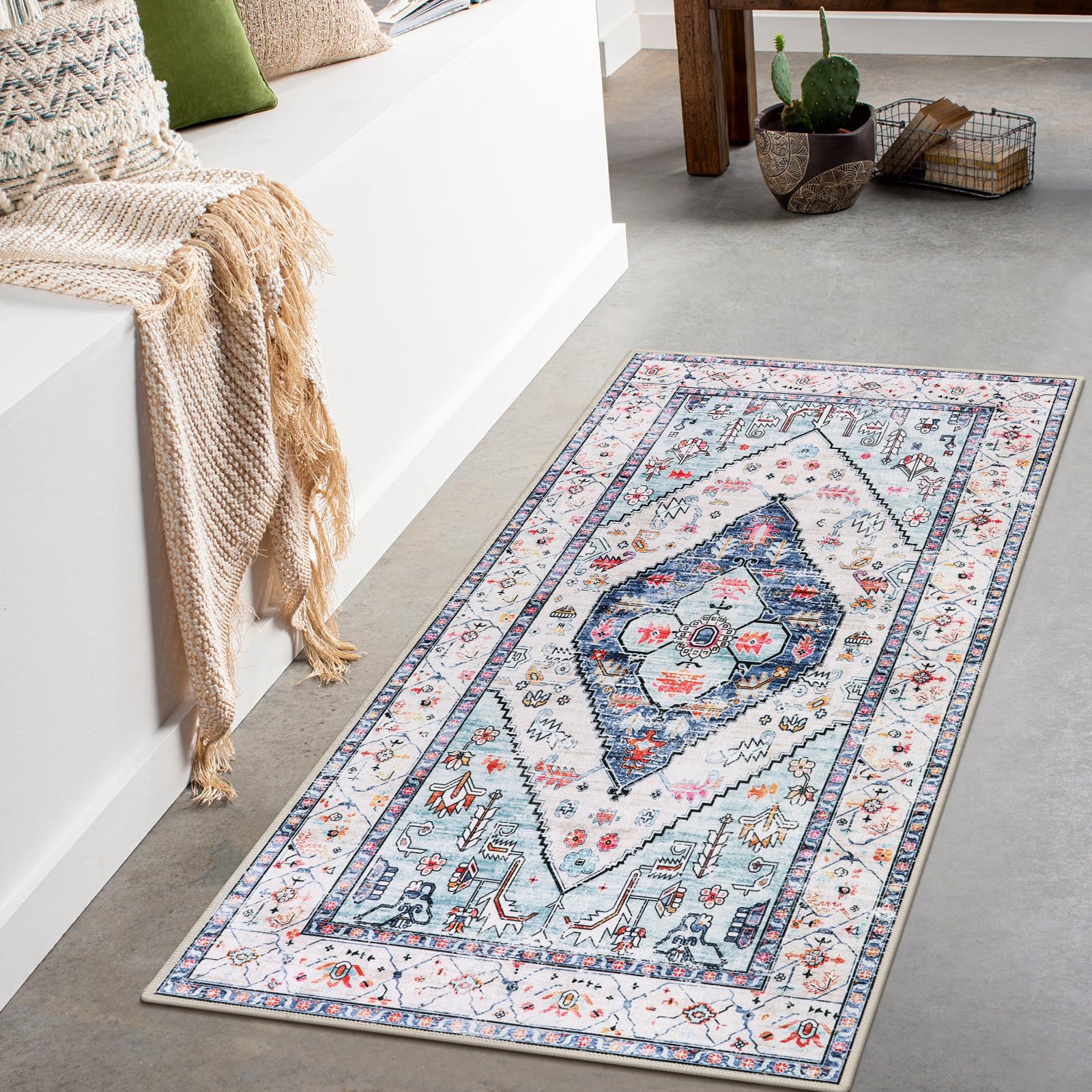 Lahome Boho Round Rug - 7Ft Washable Area Rug, Non-Slip Small Bathroom Rug, Lightweight Bedroom Throw, Oriental Distressed Print Carpet for Entryway,