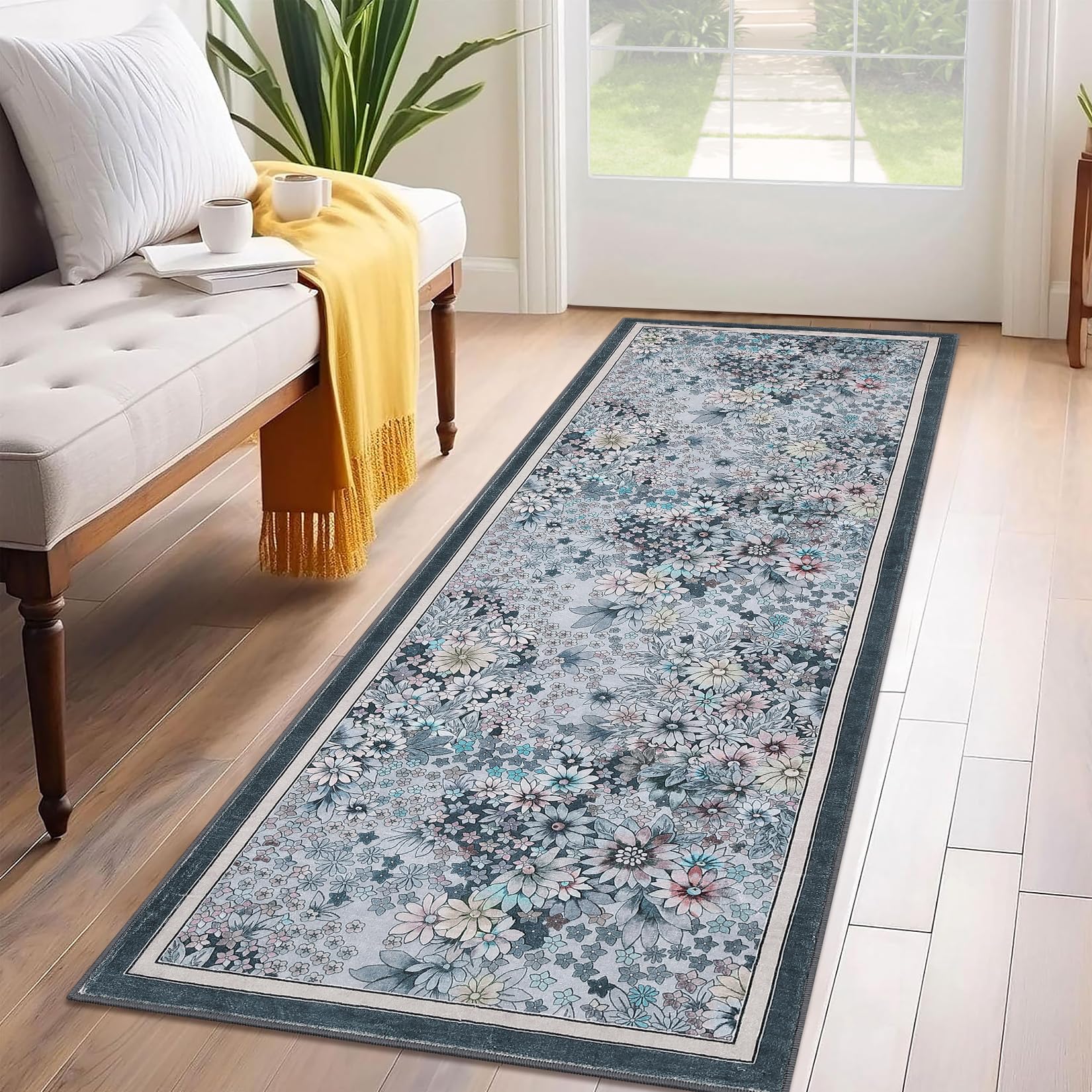 Garvee 2'x6' Runner Rug Non Slip Washable Floral Carpet for Hallways Kitchen Bedroom Gray Blue