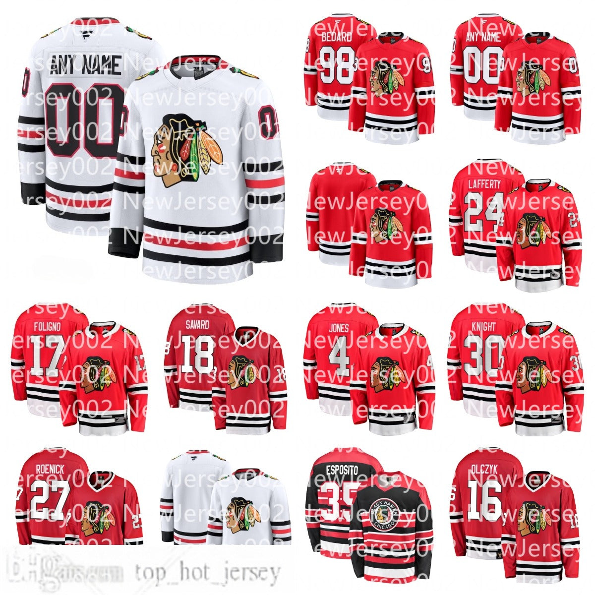 Blackhawks Jonathan Toews Connor Bedard Spencer Knight Sam Lafferty Jeremy Roenick Tony Esposito Eddie Olczyk Denis Savard Ryan Donato Custom Hockey