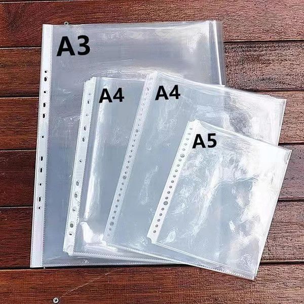 wholesale 50pcs A3A4A5 Sheet Folder Bags Plastic Transparent Punched Pocket Fig Paper Loose Leaf Notebook Documents Protector Organizer 2403