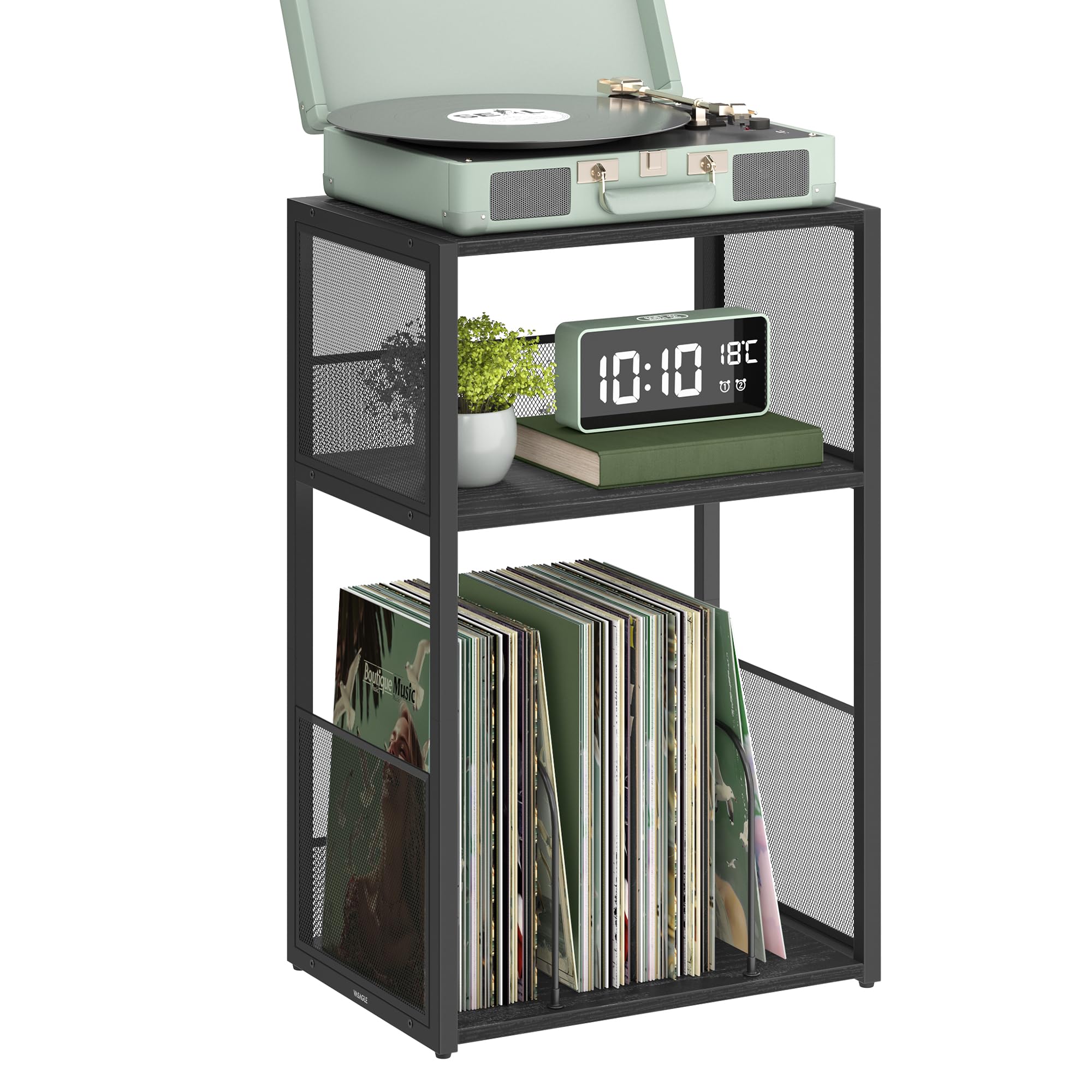 VASAGLE Record Player Stand, 3-Tier Side Table, Vinyl Record Storage up to 100 Albums, End Table for Living Room, Bedroom, Ebony Black ULET275B01 Ebon