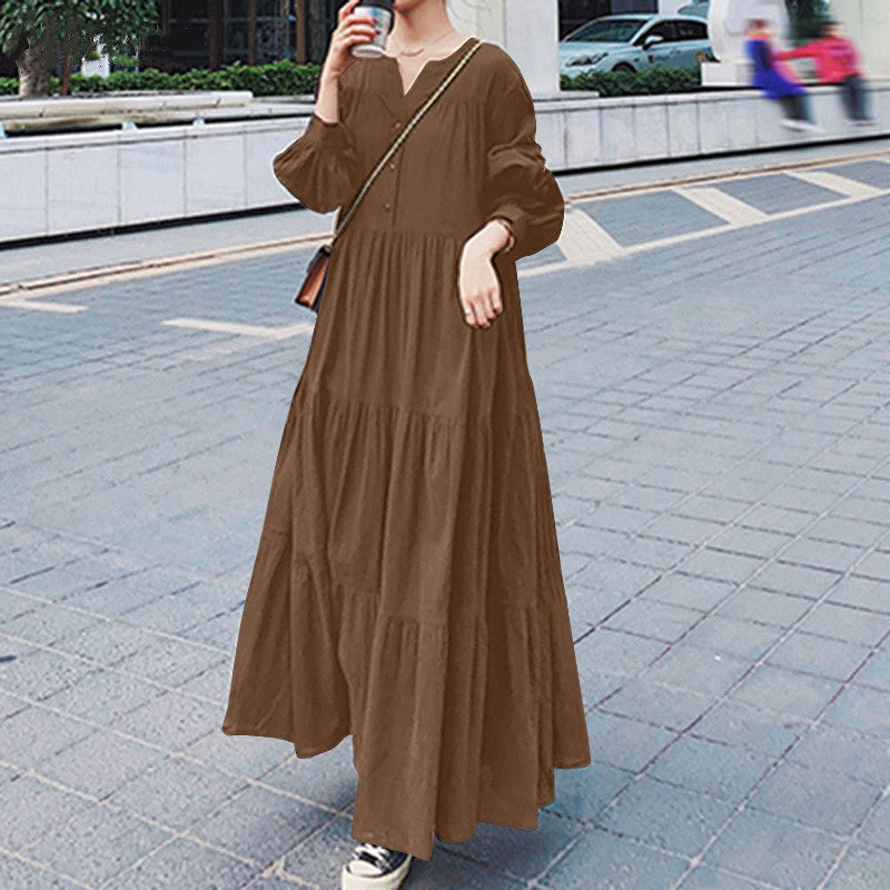 095 Women&#039;s long swing dress autumn long sleeve V-neck ruffle skirt loose dress