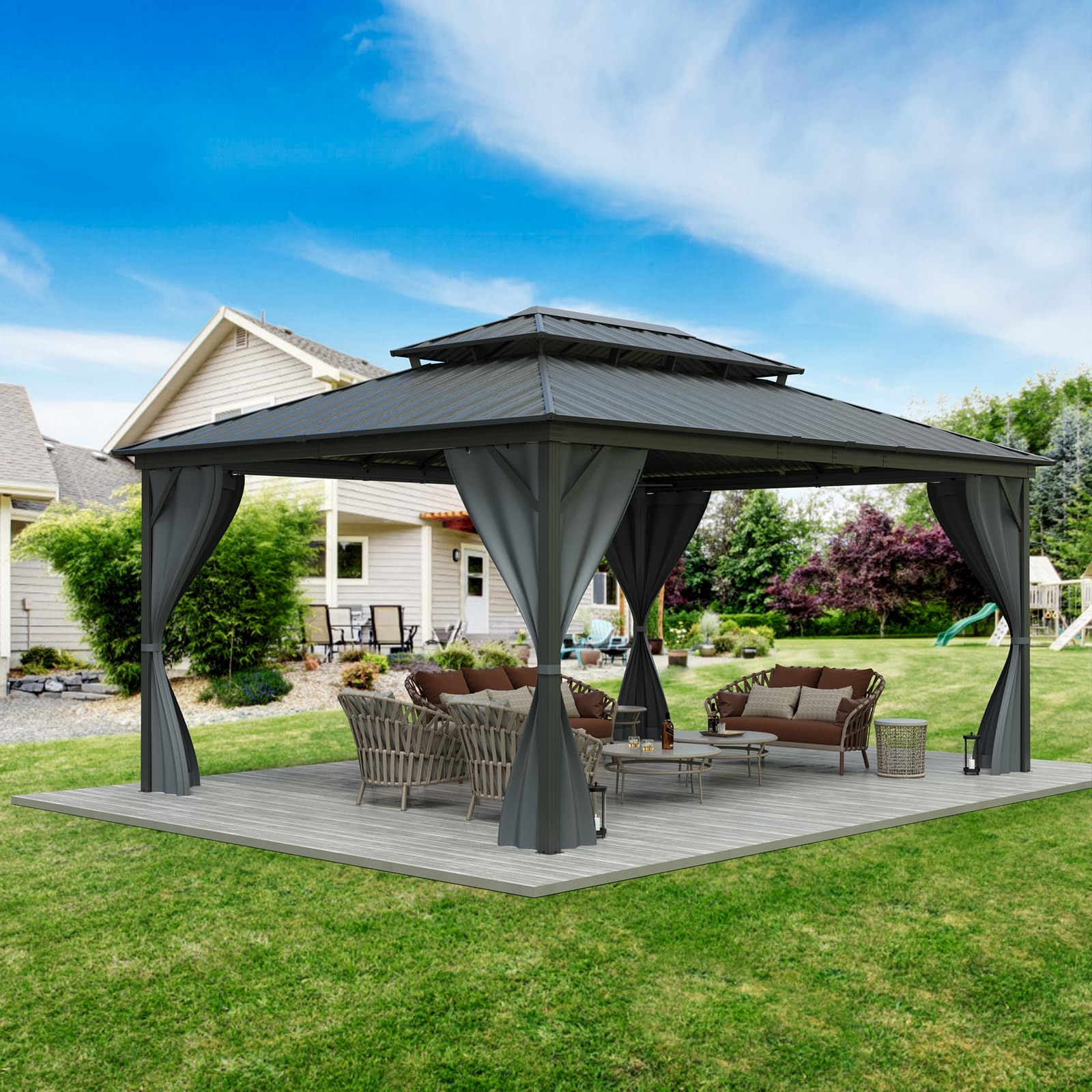 Garvee 12'x16' All-Weather Hardtop Gazebo - Double Metal Roof & Aluminum Frame with Net & Curtain for Patio, Deck & Backyard (Grey)