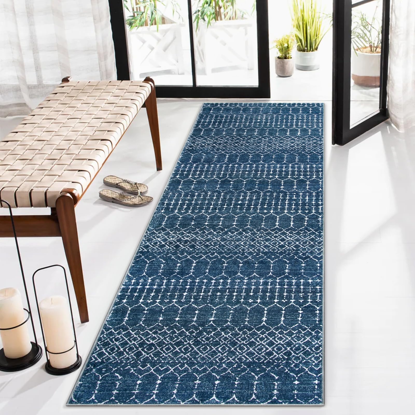 Lahome Moroccan 2x5 Washable Blue Runner Rug, Non-Slip Low-Pile Stain Resistant Kitchen Rugs, Geometric Soft Bathroom Runner Carpet for Entrance Bedro