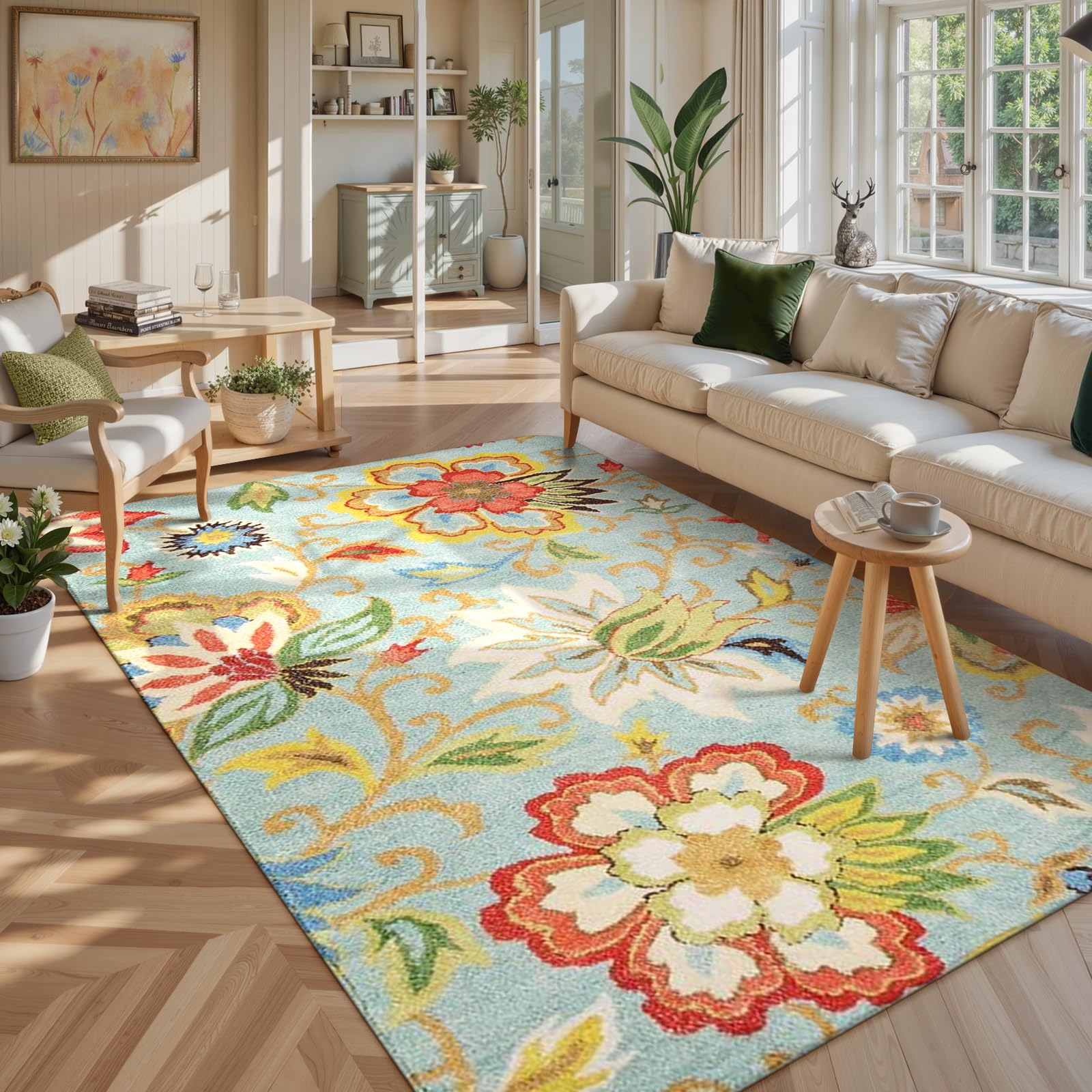 Lahome Machine Washable Floral Living Room Rug - 5x7 Area Rugs for Bedroom Non-Slip Large Low-Plie Soft Throw Nursery Kids Room Carpet Distressed Indo