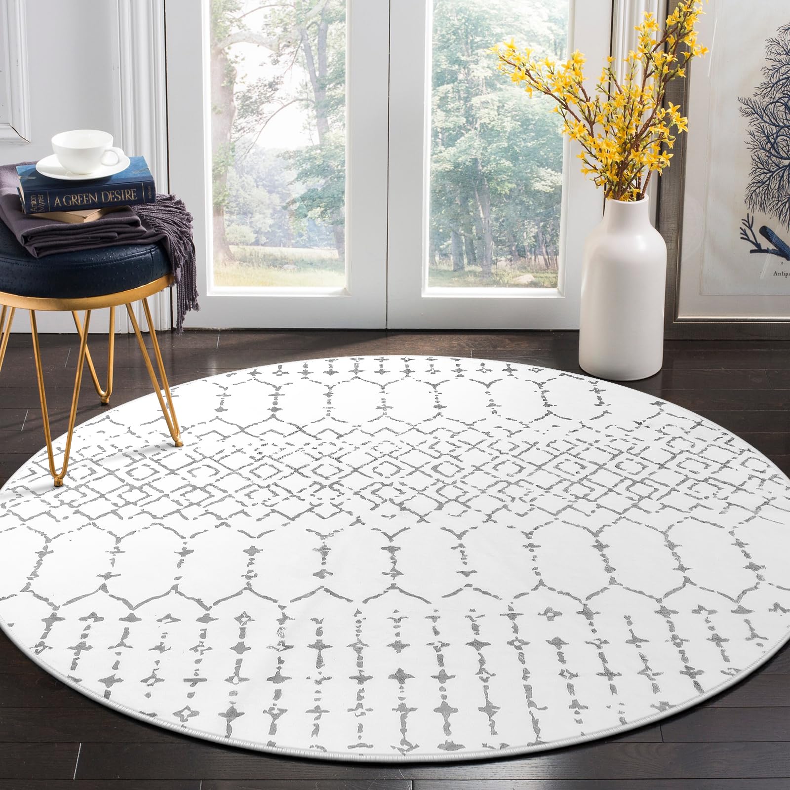 Lahome Moroccan Round Area Rug - 5Ft Machine Washable Soft Round Bedroom Rugs Non-Slip Throw Round Rugs for Living Room, Modern Geometric Print Low-Pi