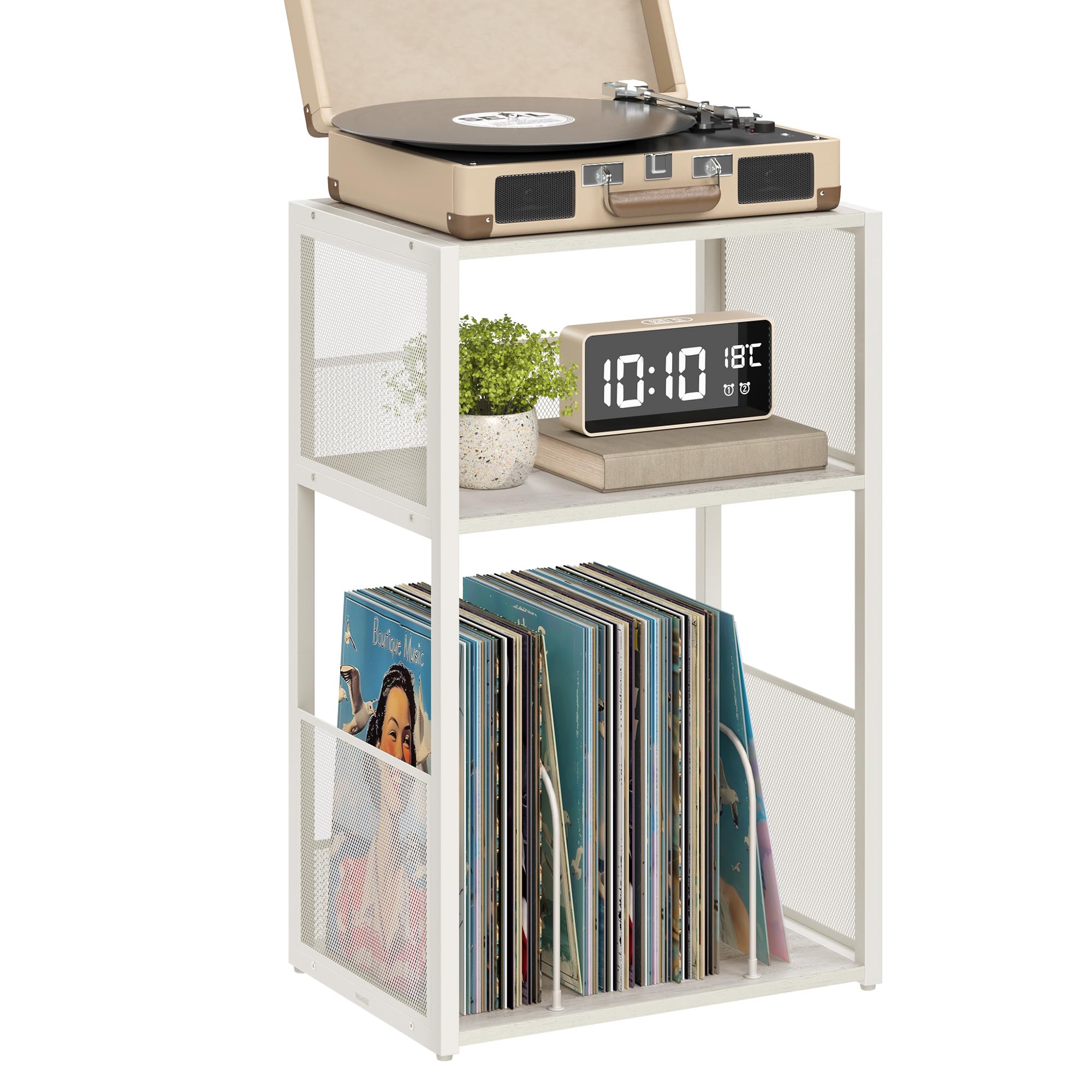 VASAGLE Record Player Stand, 3-Tier Side Table, Vinyl Record Storage up to 100 Albums, End Table for Living Room, Bedroom, Rustic White ULET275W01 Rus