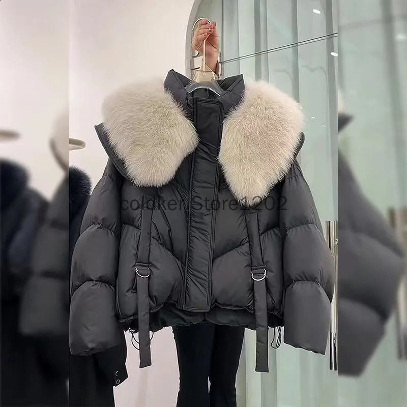 2024 Korean Fashion Fur Collar Winter Women White Jacket Ladies Vintage Short Warm Puffer Coat Female Parka Outerwear 241203