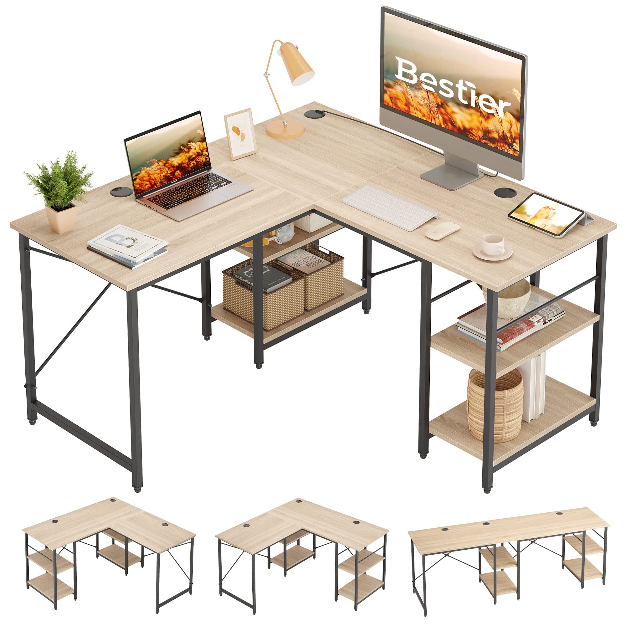 Bestier L Shaped Desk with Shelves 86.6 Inch Reversible Corner Computer Desk or 2 Person Long Table for Home Office Large Gaming Writing Storage Works