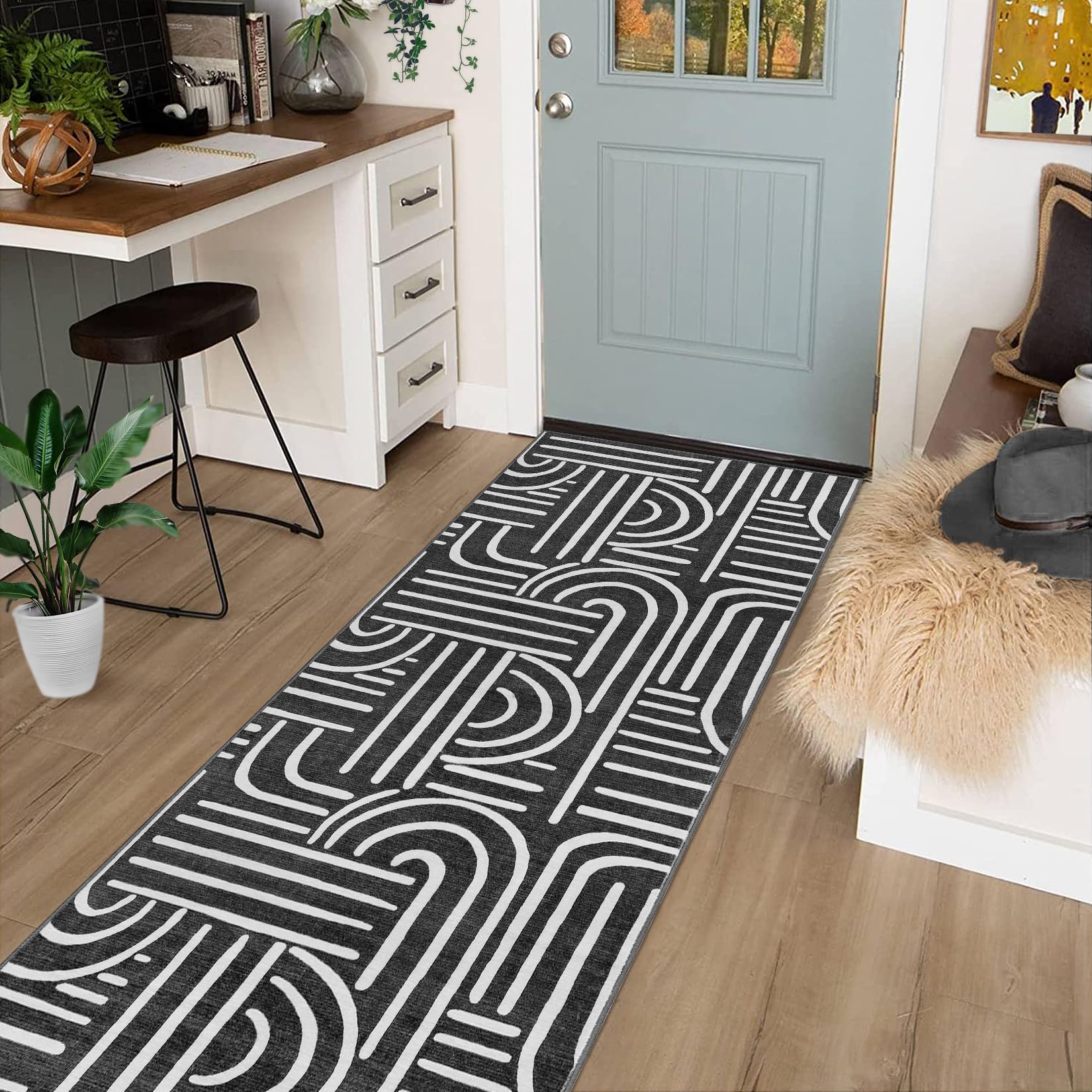 Garvee Modern 2x6 Abstract Kitchen Runner Rug Non Slip Soft Long Carpet for Hallways Bedroom Bathroom Laundry Black