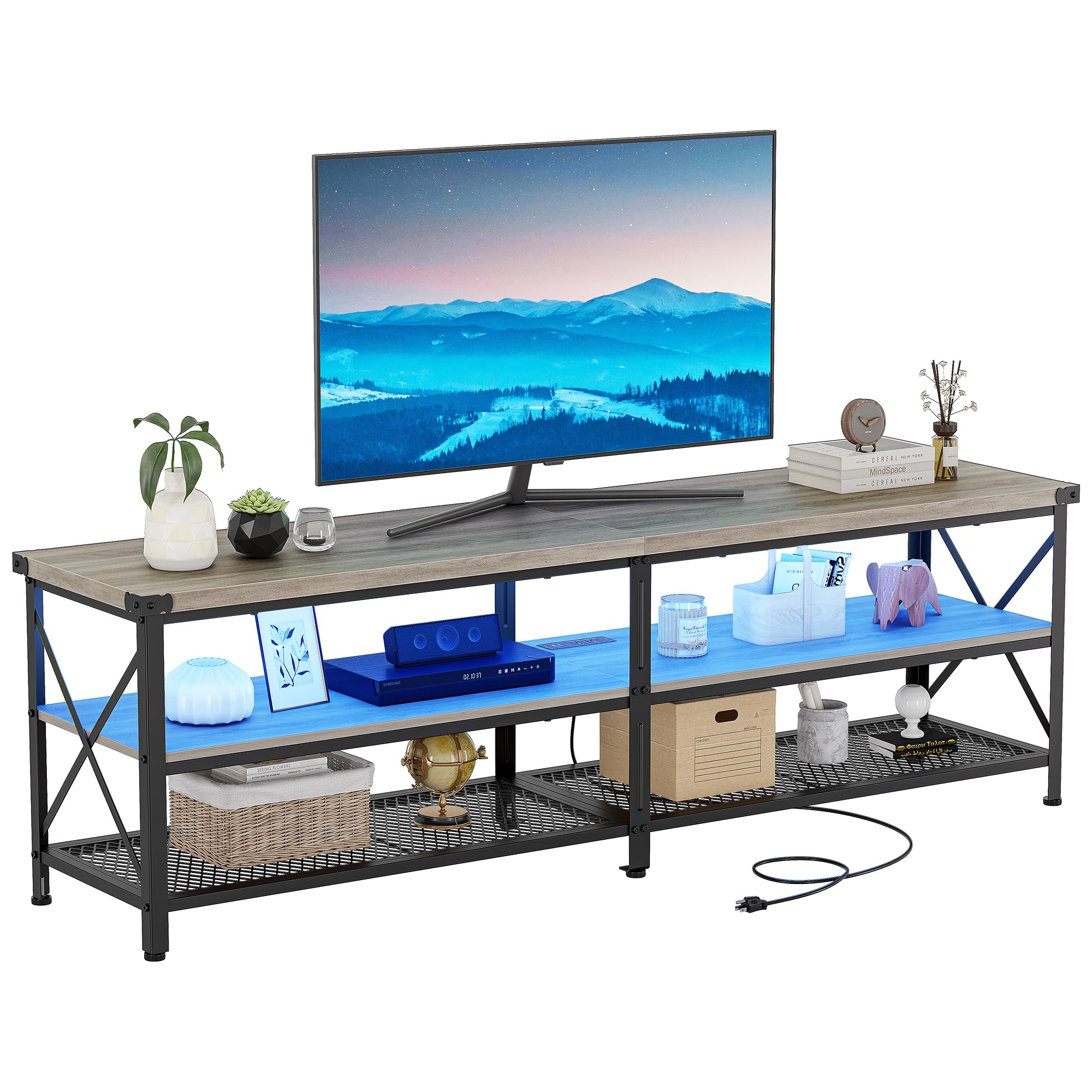 Garvee LED TV Stand with Shelves & Outlets, Industrial MDF & Metal, 80" TV Console, Remote-Controlled RGB, Living Room-Gaming