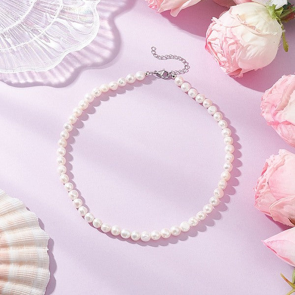 Collares de perlas naturales cultivadas de agua dulce con cuentas pulidas de dos lados para mujer