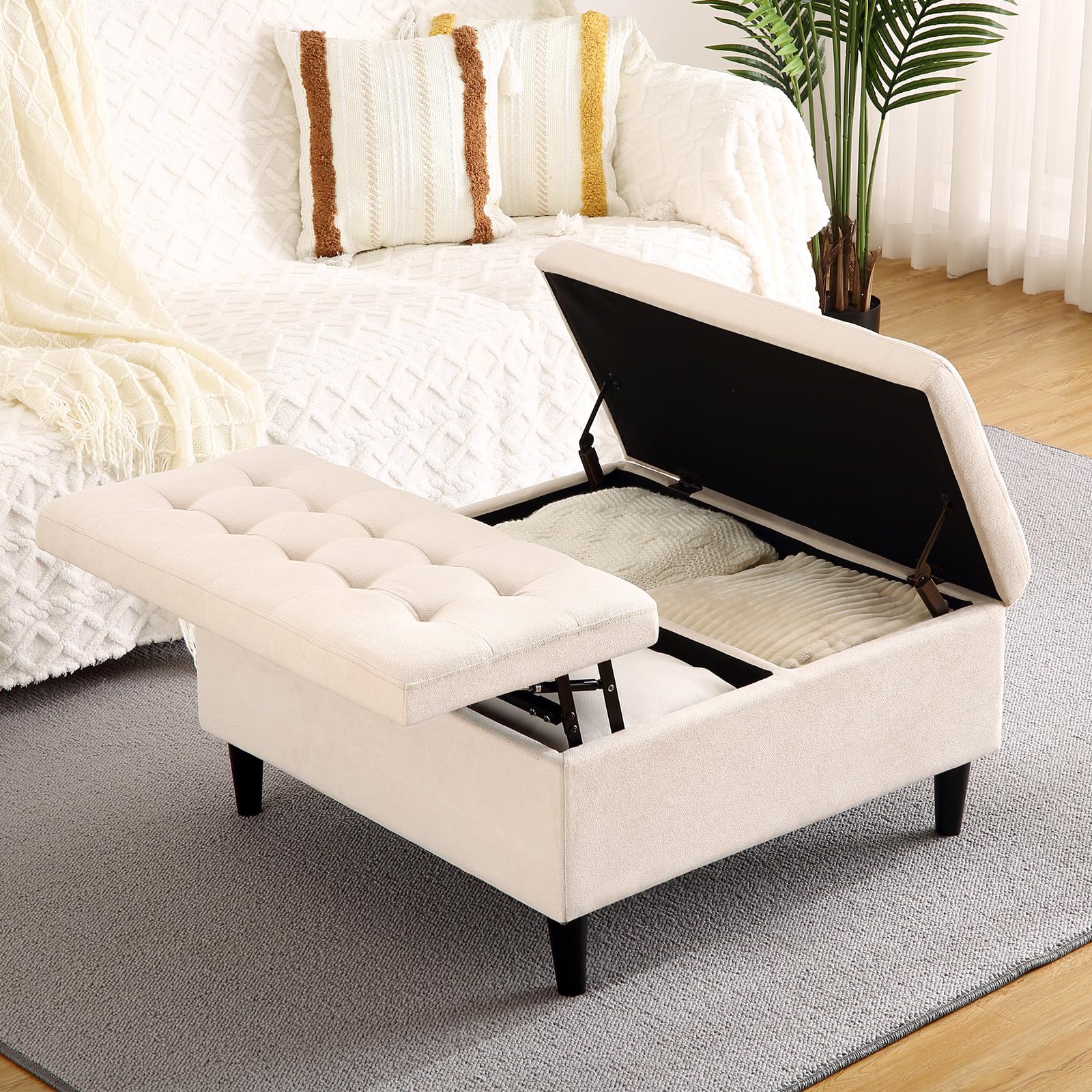 Garvee 33 Inch Velevt Lift-Top Storage Ottoman in Upholstered, Large Square Storage Coffee Table for Living Room, Toy Box, Footrest Stool, White Ottom