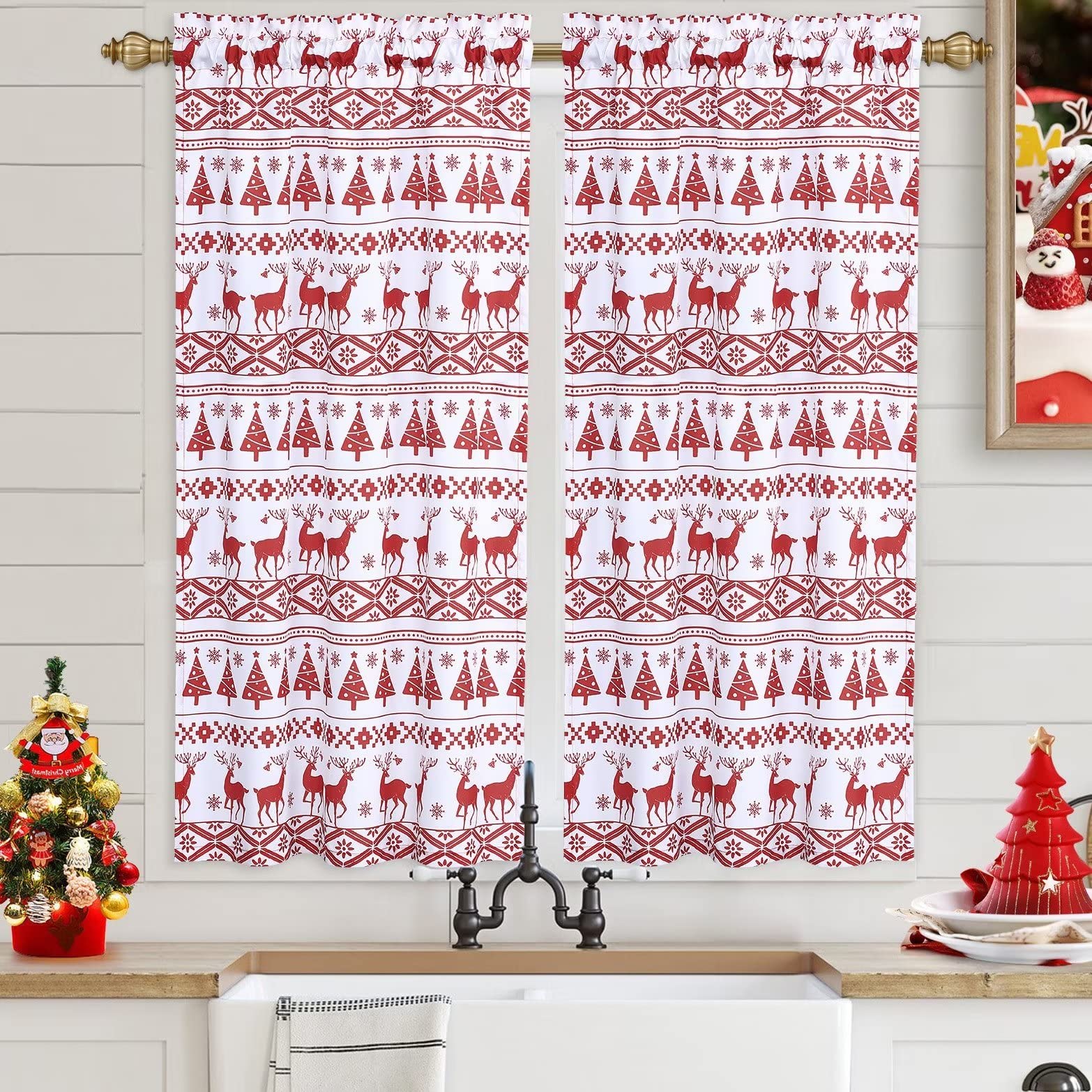 Garvee Kitchen Curtains, Christmas Deer Tree Snowflakes Cafe Curtains Xmas Decor Short Curtains Boho Canvas Tier Curtains for Kitchen Living Room Bedr