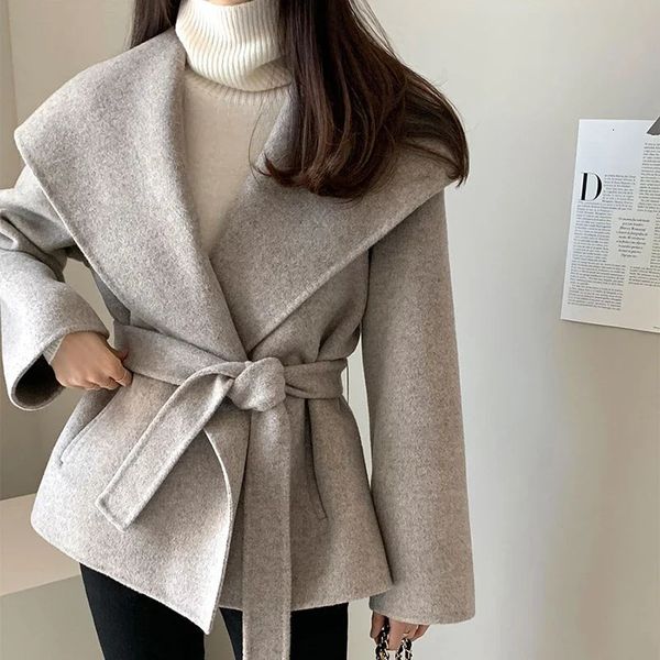 MEXZT Elegant Wool Blends Coats Women Black Bandage Woolen Jackets Winter Ladies Commute Outerwear Korean Fashion Overcoat 250106