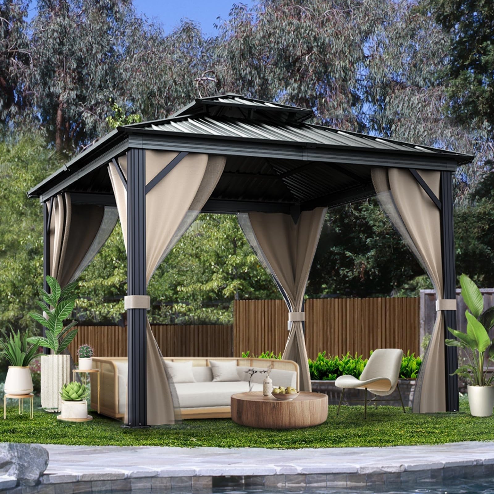 Garvee 10'x10' Hardtop Gazebo with Double Metal Roof Aluminum Frame, Net & Curtain, All-Weather Patio Shelter for Deck, Garden & Backyard, Khaki