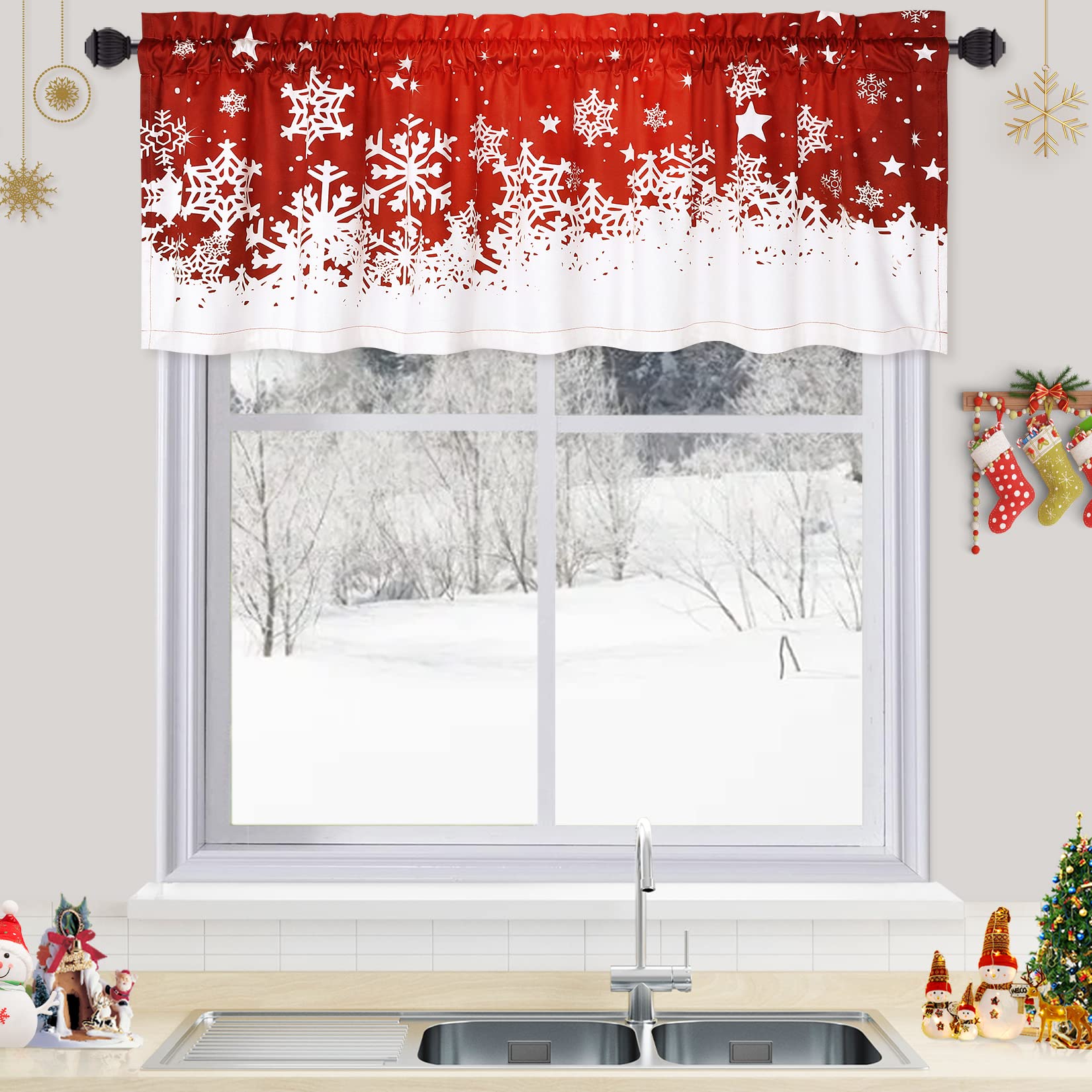 Garvee Christmas Kitchen Curtains Valance, Red Velvet Short Curtains for Windows, Floral Snowflake Decoration Cafe Curtains, Thermal Insulated Room Da