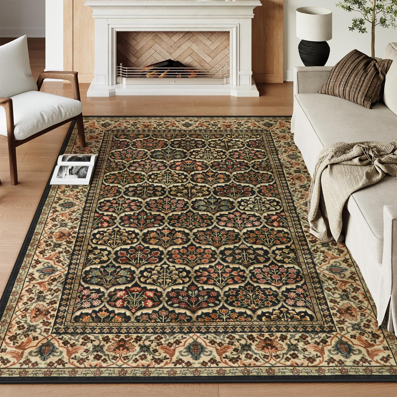 Lahome Vintage 8x10 Washable Area Rugs for Bedroom, Brown Oriental Soft Living Room Rug Throw Ultra-Thin Carpet, Floral Vintage Print Non-Slip Carpet