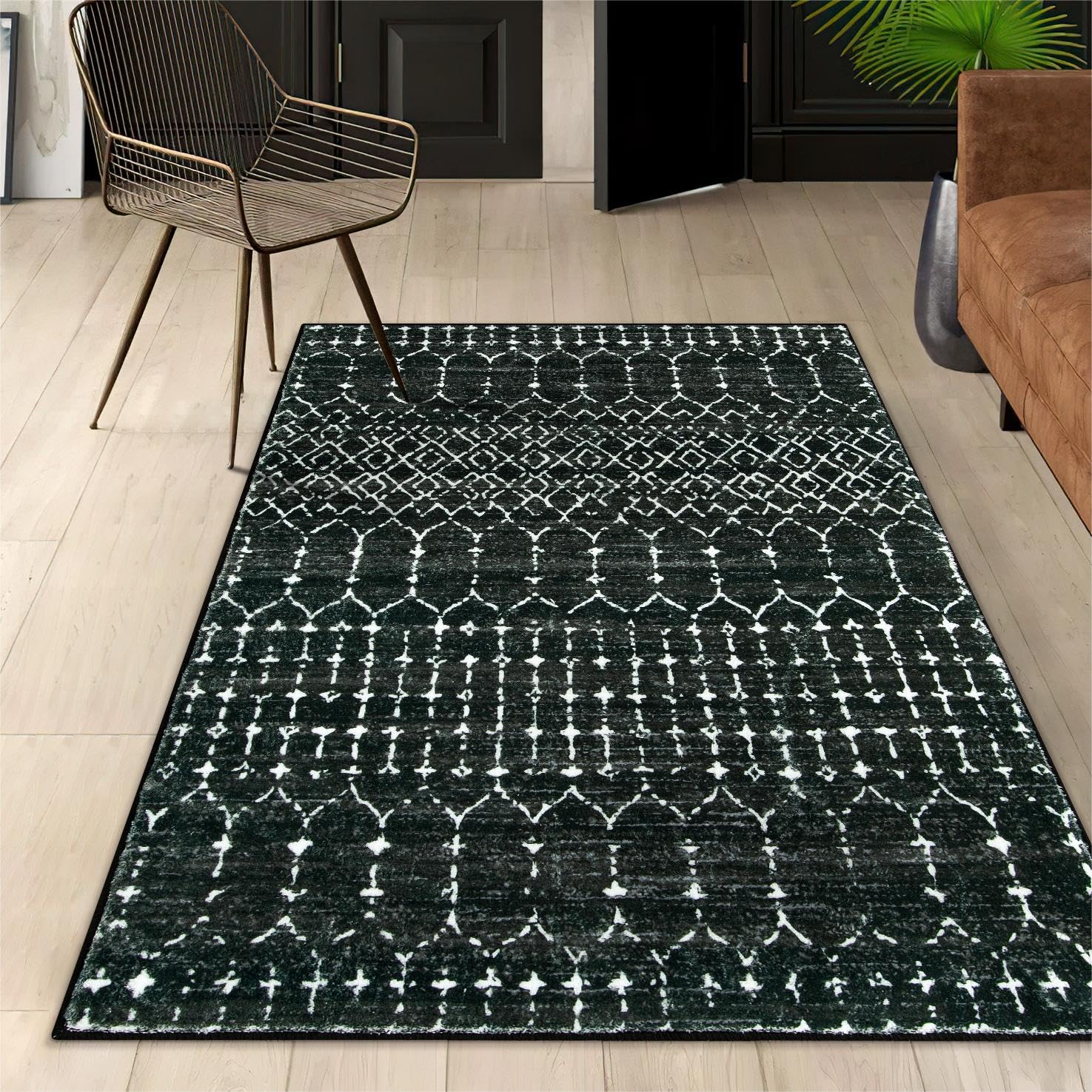 Lahome Moroccan Black Area Rug for Living Room - 3x5 Non-Slip Washable Stain Resistant Large Kitchen Rugs Throw Low-Profile Soft Bedroom Carpet Geomet