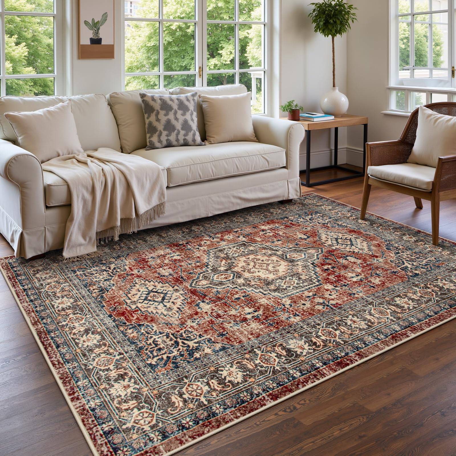 Lahome Oriental Washable Rugs for Living Room, 5x7 Area Rugs for Bedroom Ultra-Thin Non-Slip, Stain Resistant Vintage Low-Pile Throw Carpet for ‎Din