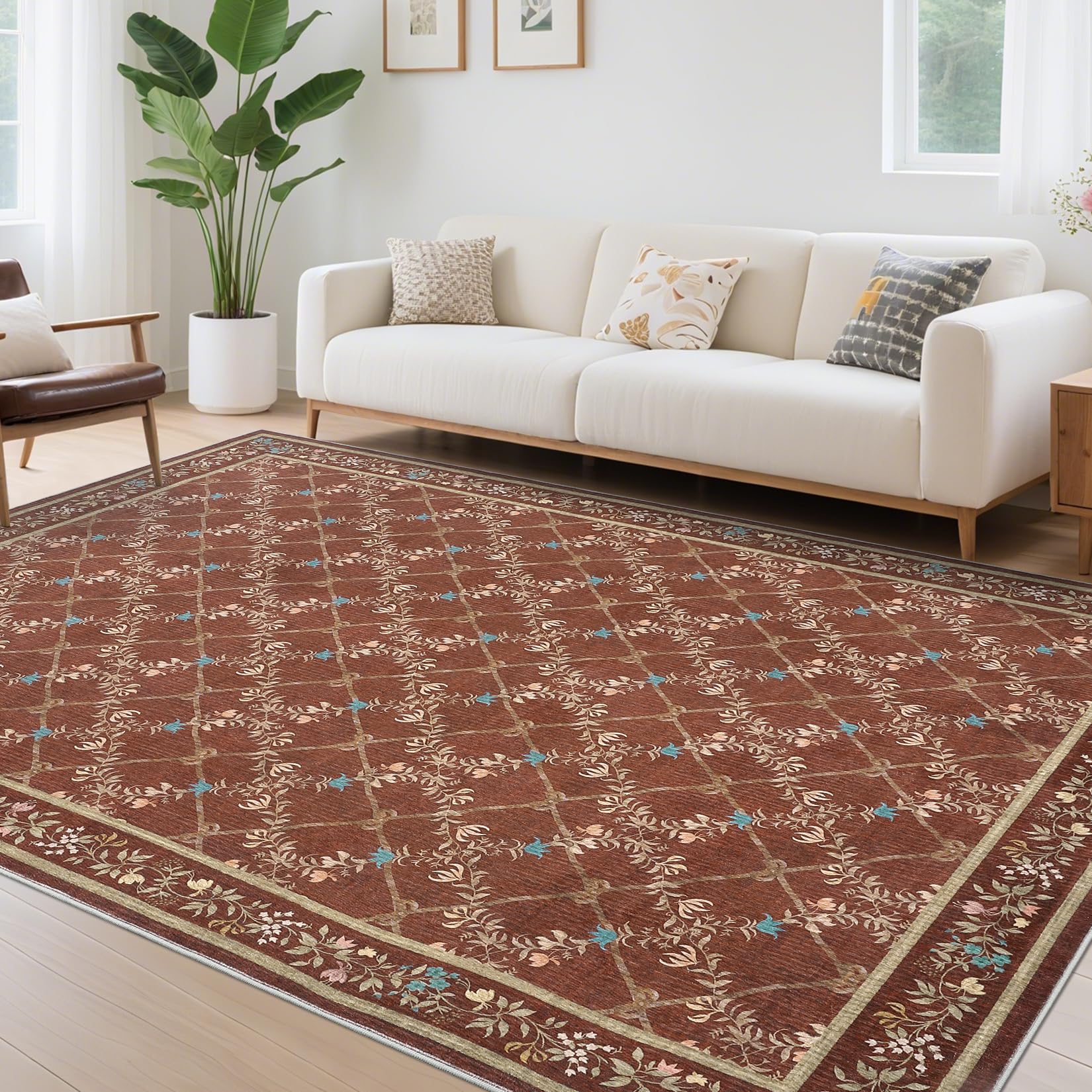 Garvee Bedroom Rug 5x7 Modern Floral Throw Rug Washable Non Slip Soft Stain Resistant Red Carpet