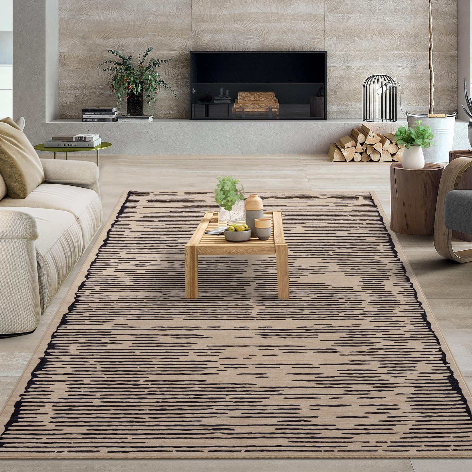 Garvee Rugs for Living Room 5x7 Washable Modern Stripe Carpet Non Slip Soft Rubber Backed Rug Brown