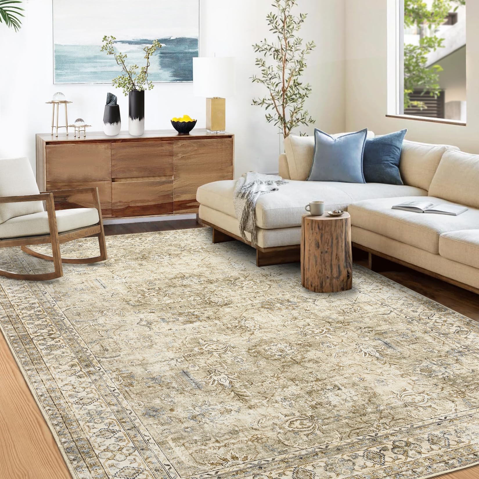 Garvee Persian Brown & Khaki 9x12 Area Rug, Washable Rug Boho Oriental Rug for Living Room Tribal Bedroom Decor Soft Non Slip Floor Mats No Shedding I