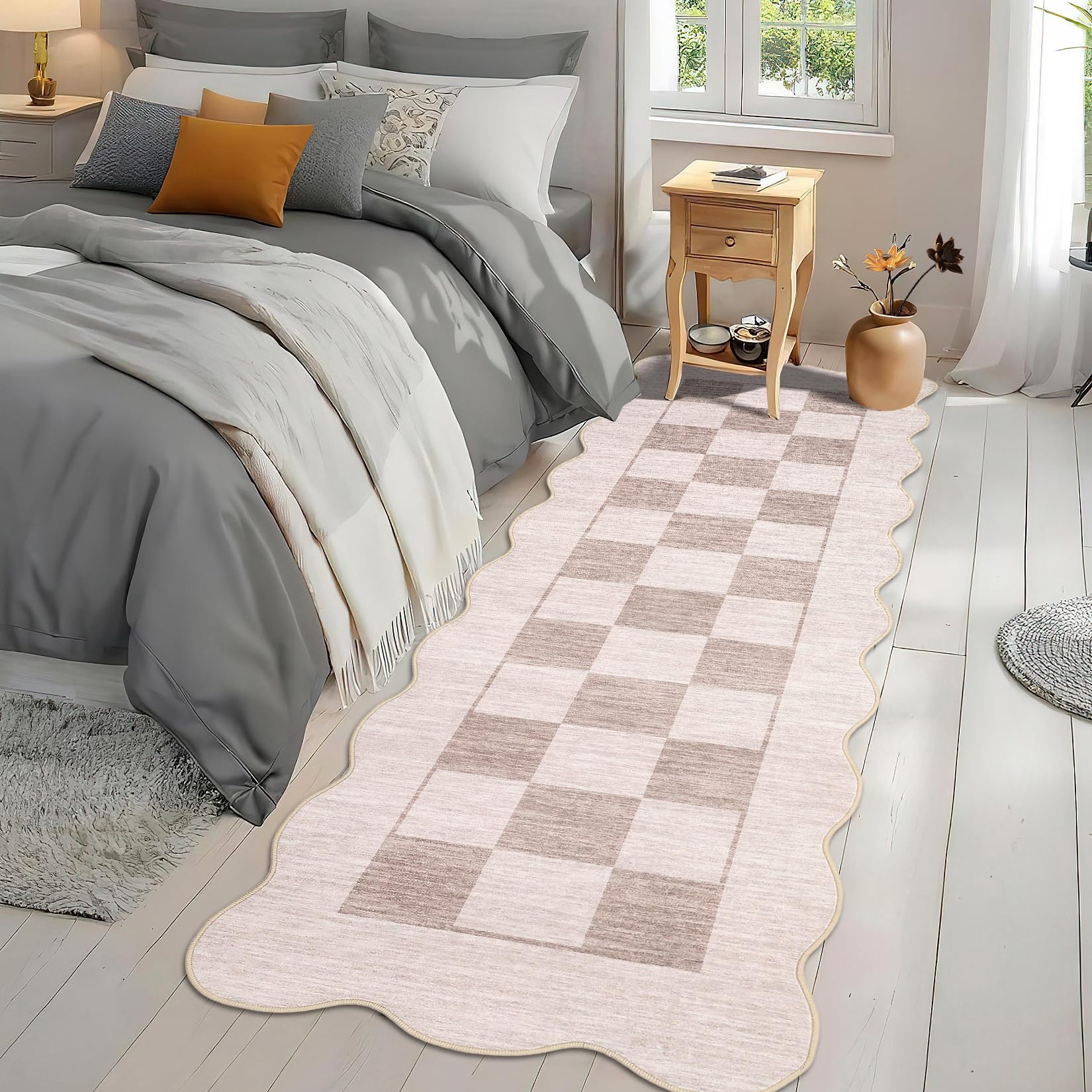 Garvee Scalloped Rug 2x6 Washable Area Rug Non Slip Backing Modern Checkered Carpet Beige for Living Room Bathroom Entryway