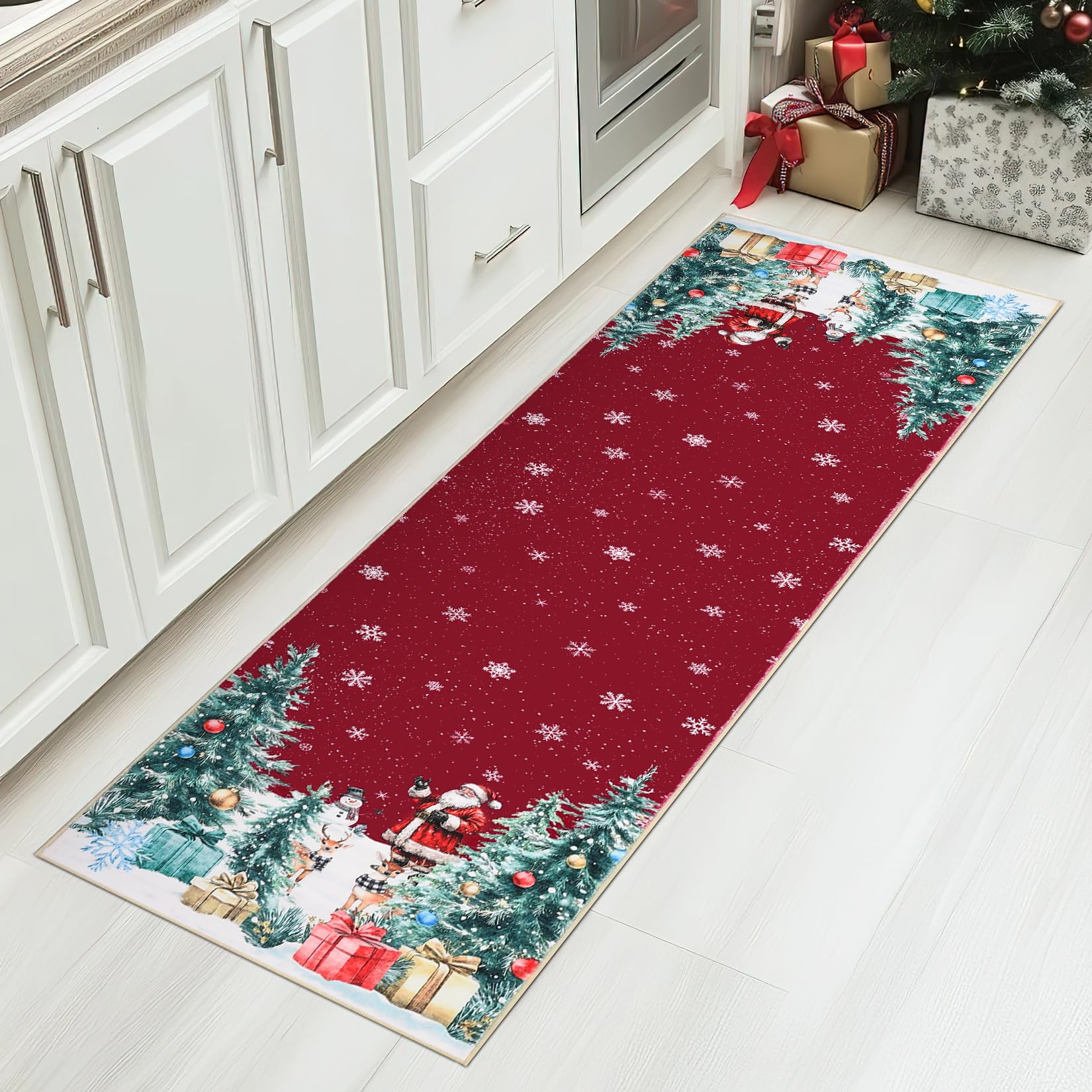 Garvee 2x6 Modern Red Christmas Rug with Snow & Tree Print, Ultra-Soft Thin Floor Mat, Non-Slip & Washable for Bathroom, Bedroom, and Living Room Deco