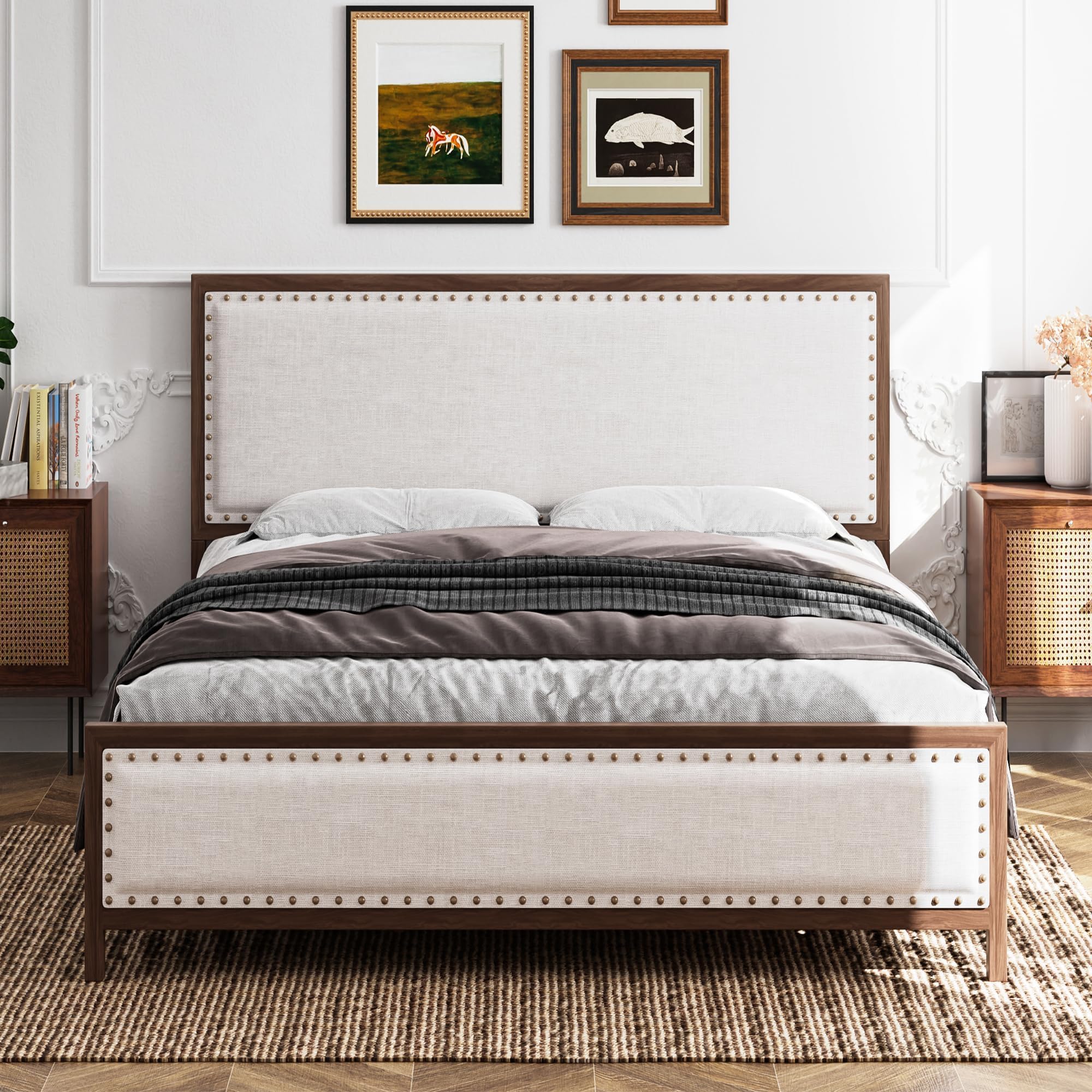 Garvee King Size Upholstered Metal Bed Frame with Linen Headboard & Footboard, Wood Grain, Rivet Design, No Box Spring Needed, Vintage Walnut