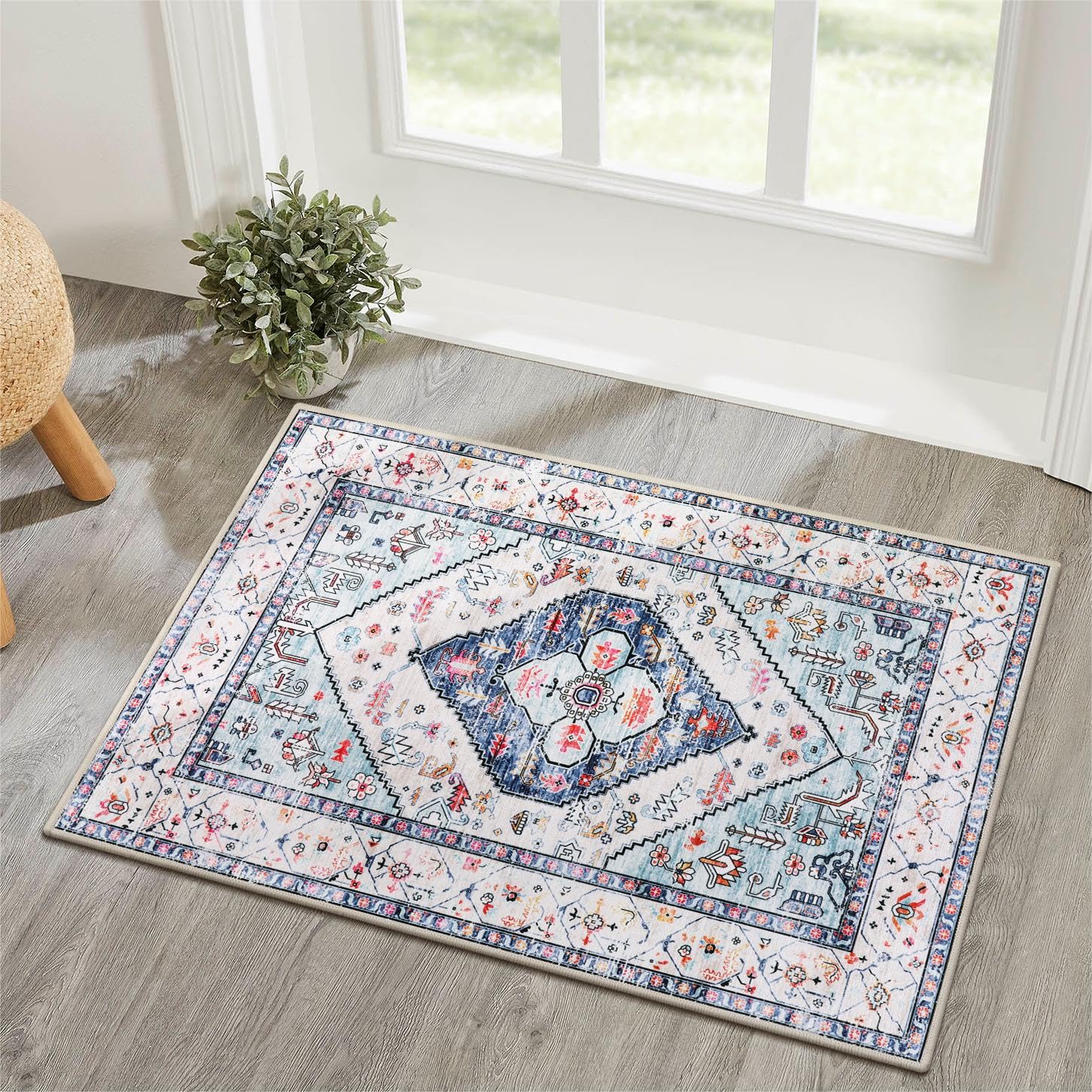Lahome Boho Round Rug - 8Ft Washable Area Rug, Non-Slip Small Bathroom Rug, Lightweight Bedroom Throw, Oriental Distressed Print Carpet for Entryway,