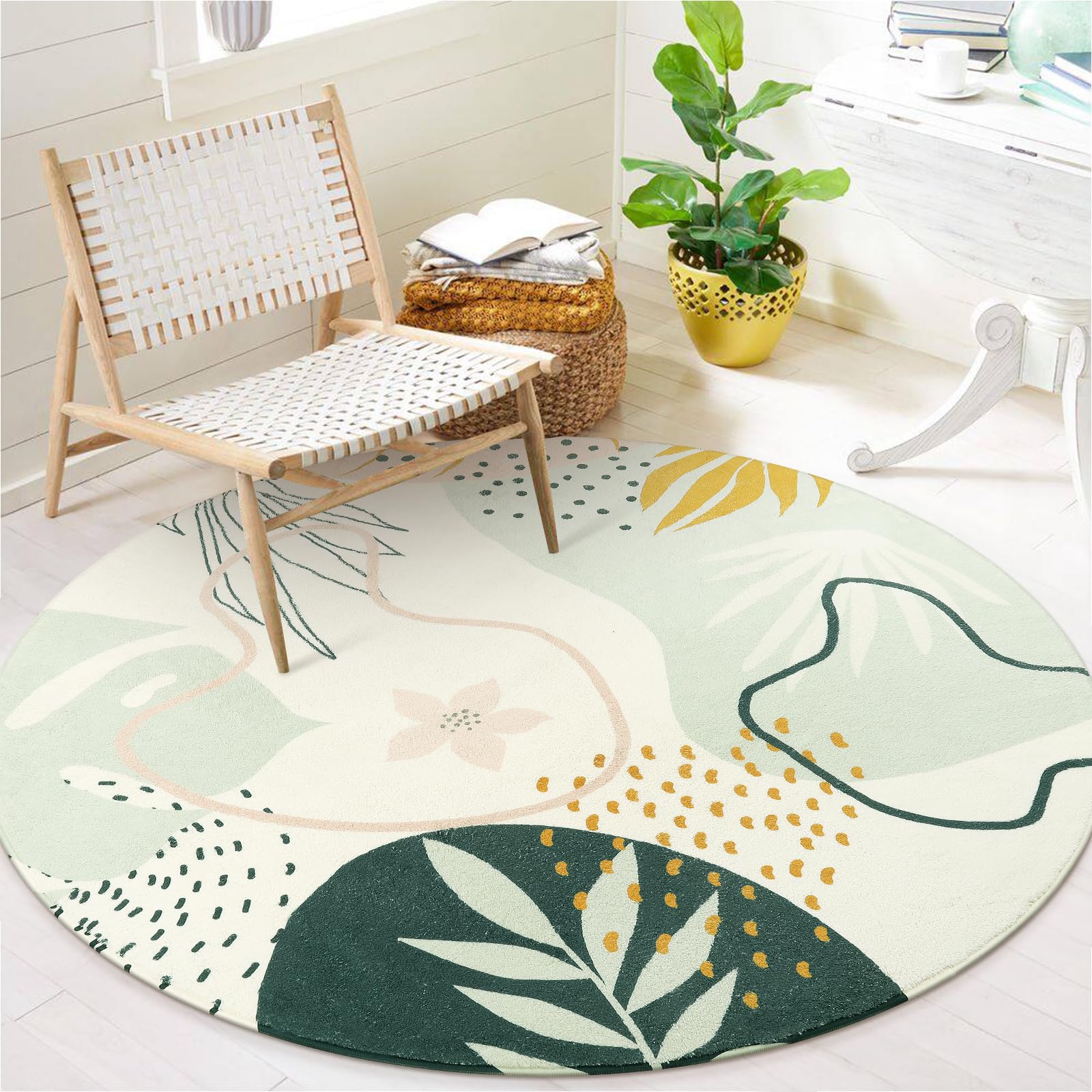 Lahome Boho Round Area Rug - 3Ft Washable Non-Slip Bathroom Rug, Green Botanical Print Carpet for Bedroom, Living Room, Entryway 3' Round Green