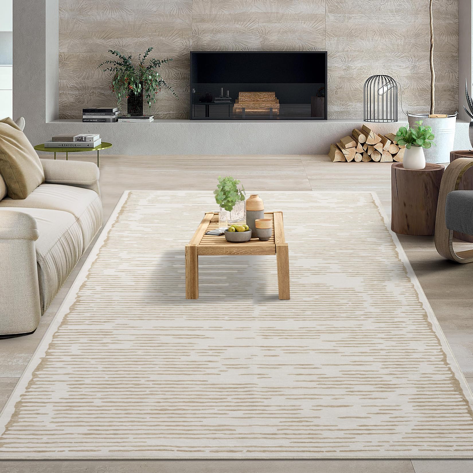 Garvee Rugs for Living Room 5x7 Washable Modern Stripe Carpet Non Slip Soft Rubber Backed Rug Beige