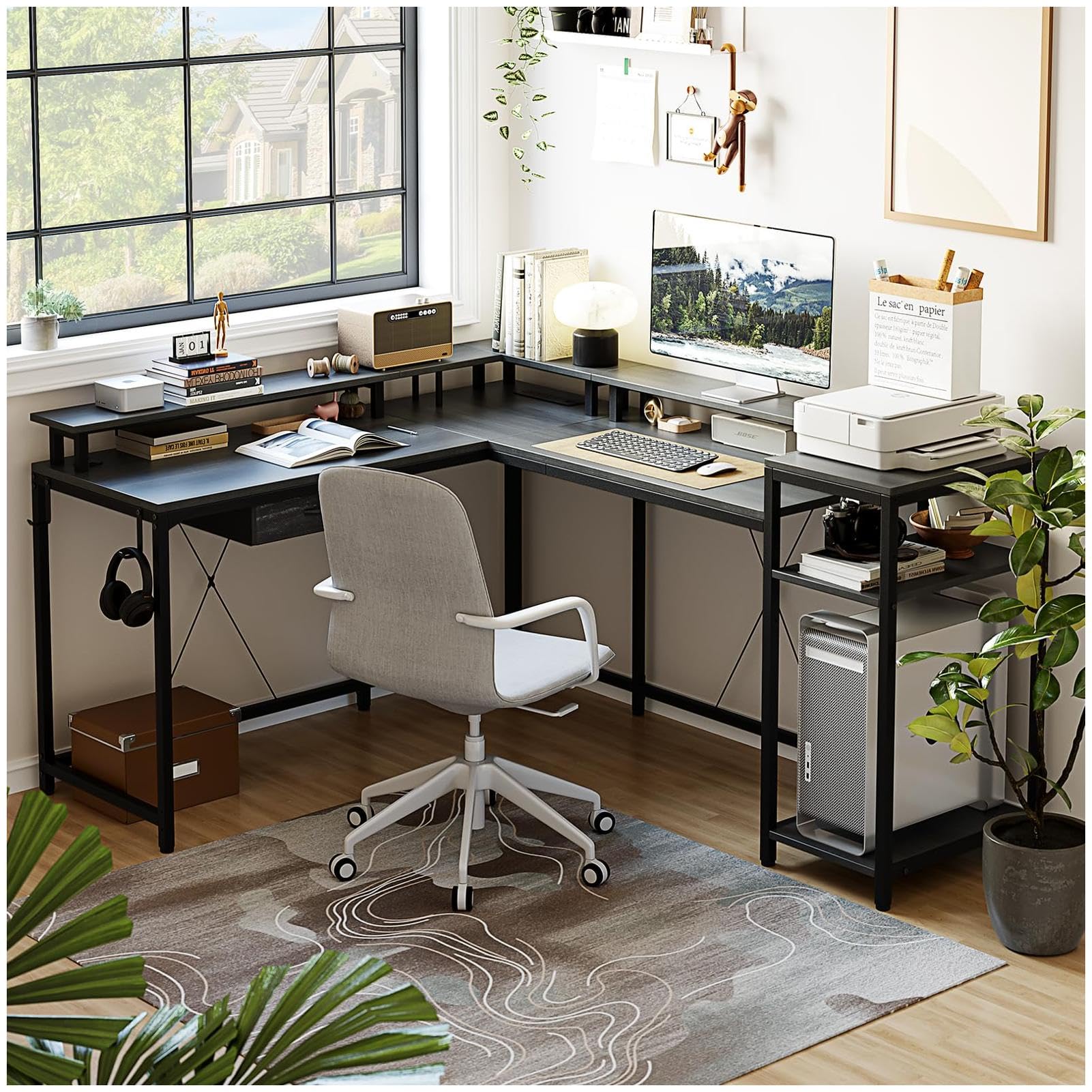 Garvee 68" L Shaped Gaming Desk with Power Outlets & LED Lights, Oak, Reversible, Two Person, MDF & Steel, Home Office