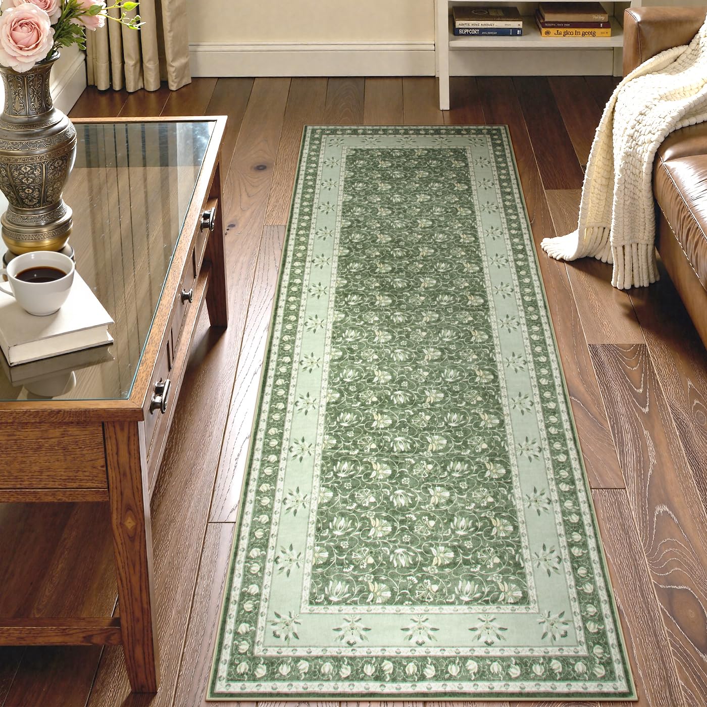 Lahome Green Washable Runner Rug, Low Plie Soft 2x6 Runner Rug Non Slip Kitchen Runner, Vintage Floral Carpet Runners for Bedroom Entryway Bathroom (2