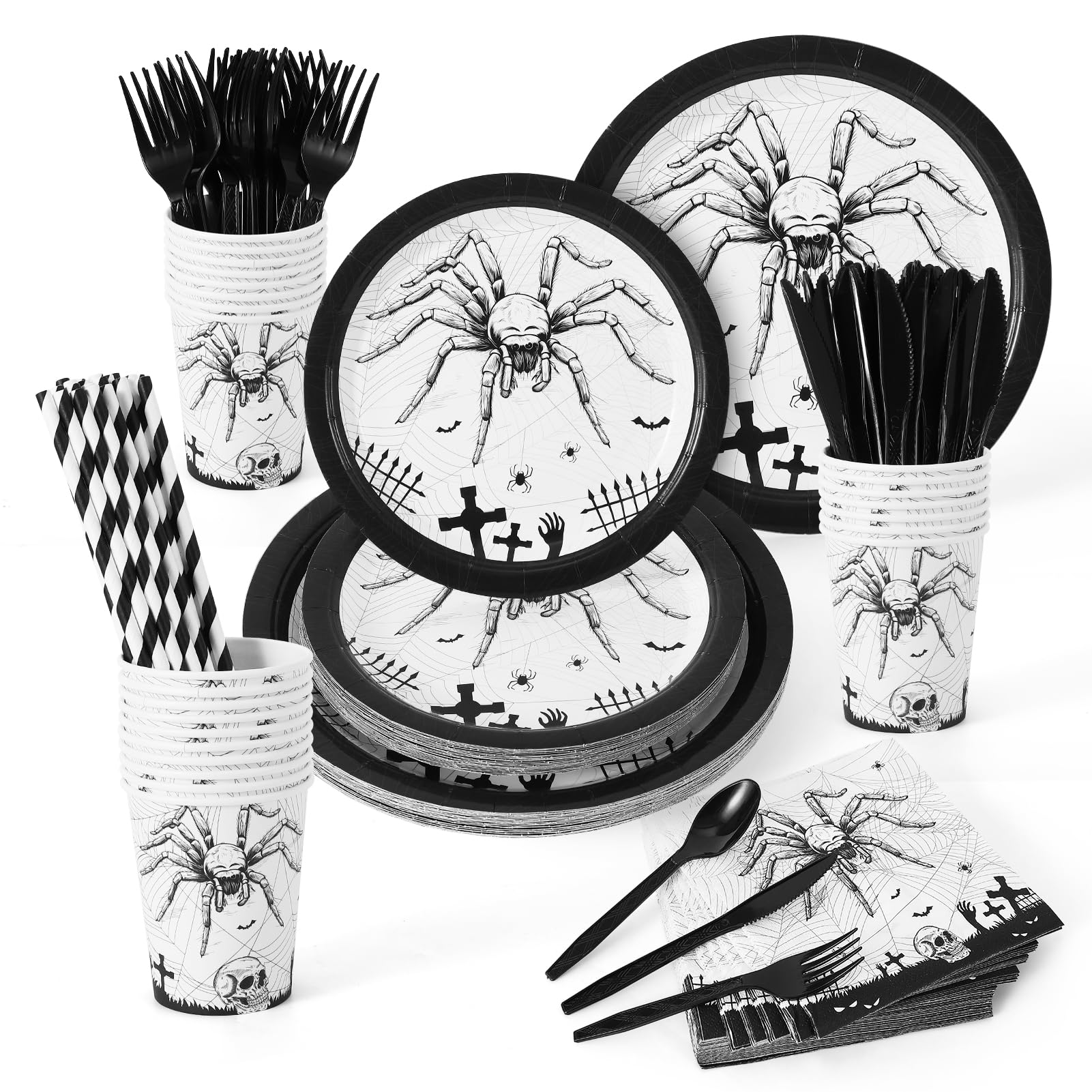 Garvee 215 Pcs Halloween Plates and Napkins Set Serve 25, Halloween Spider Skeleton Disposable Tableware Set, Halloween Decorations Includes Plates, C