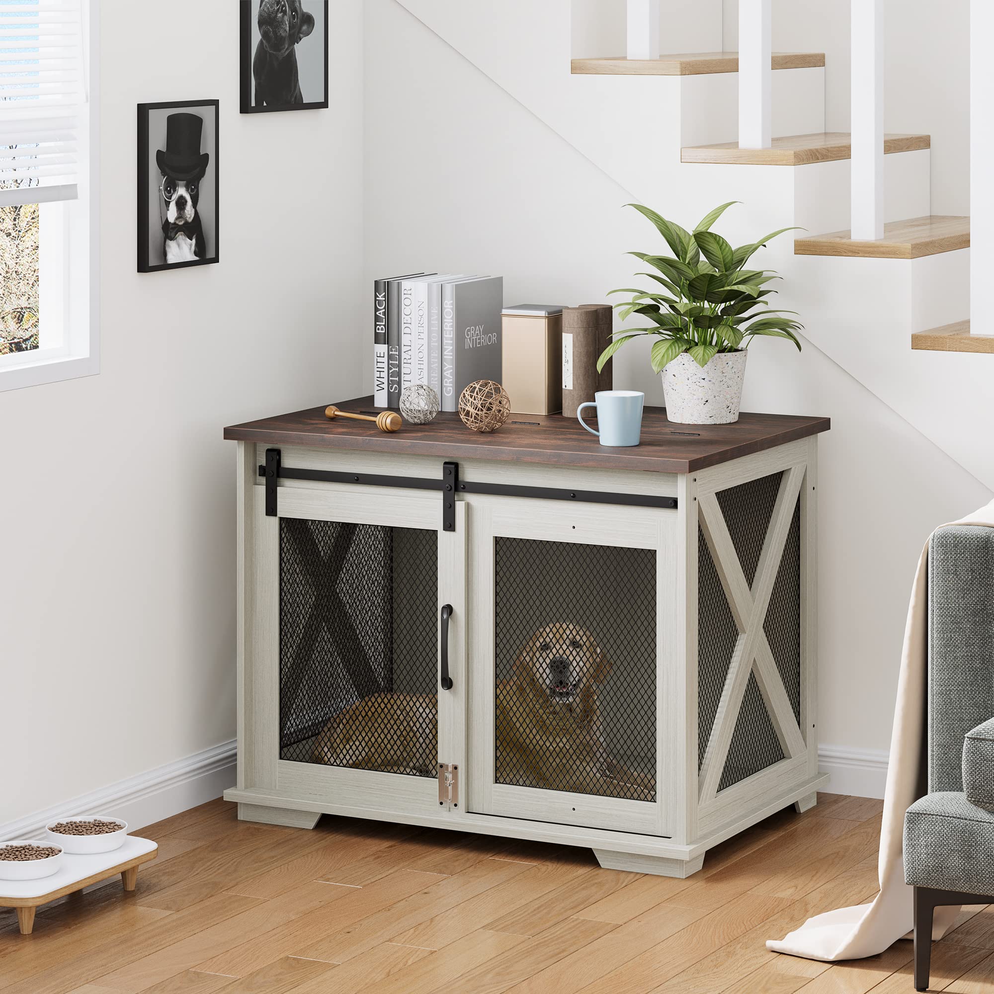 Garvee 37'' Dog Crate Furniture Side End Table with Flip Top and Movable Divider, Wooden Dog Crate Table Large, Style Dog Kennel Side End Table - Whit