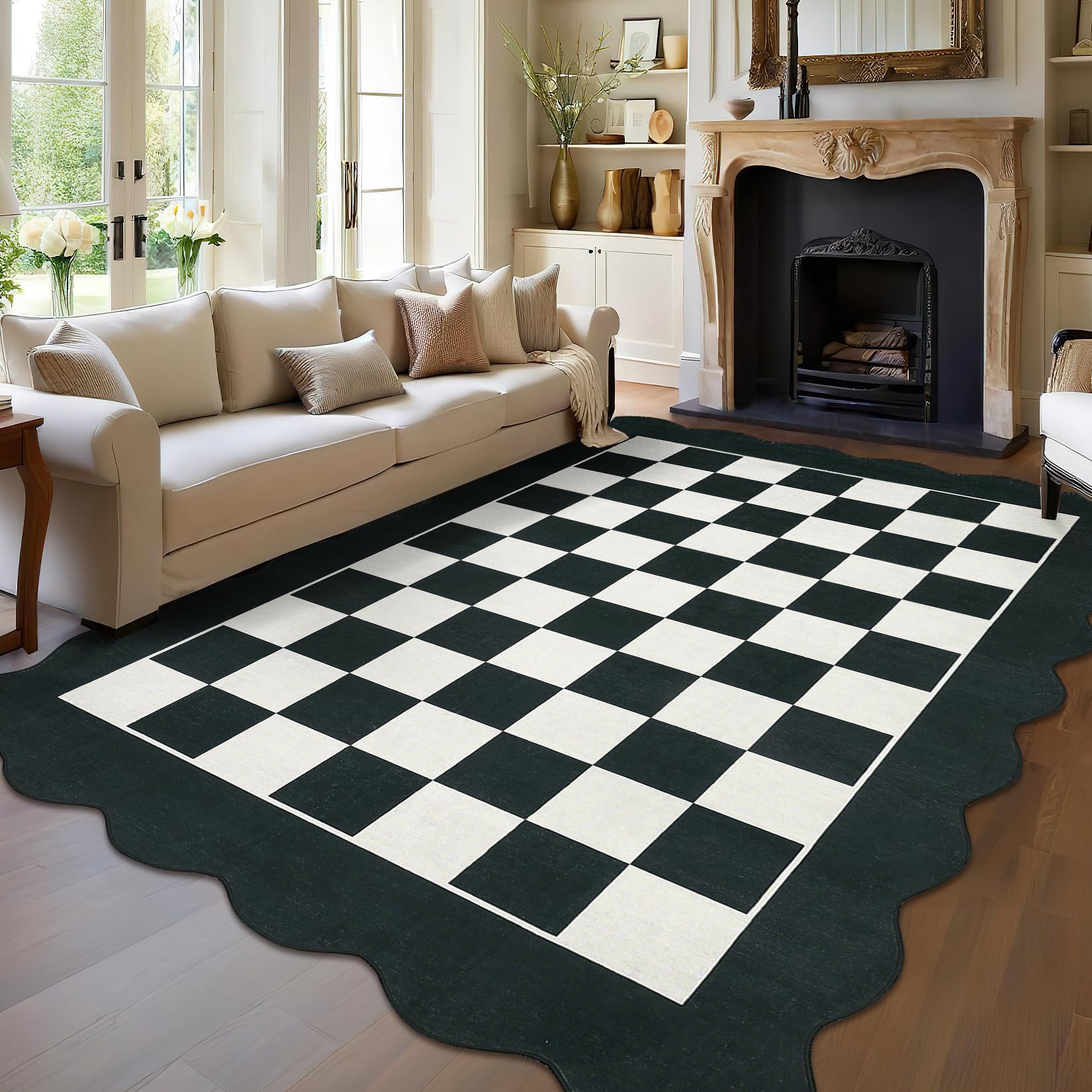 Garvee Washable Checkerboard Rug 5x7 Scalloped Edge Non Slip Low Pile Carpet for Living Room Bedroom Nursery Office Dining Room Black and White