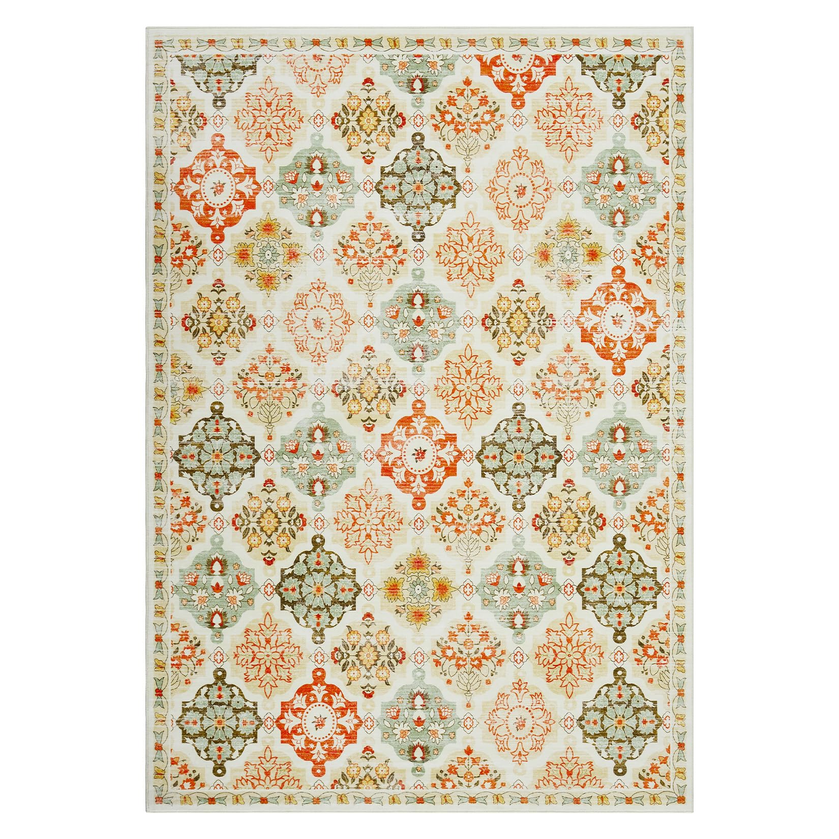 Garvee Boho Floral Checkerboard Washable Area Rug Non-Slip Accent Carpet for Bedroom Living Room Kitchen Office Orange 9x12Ft