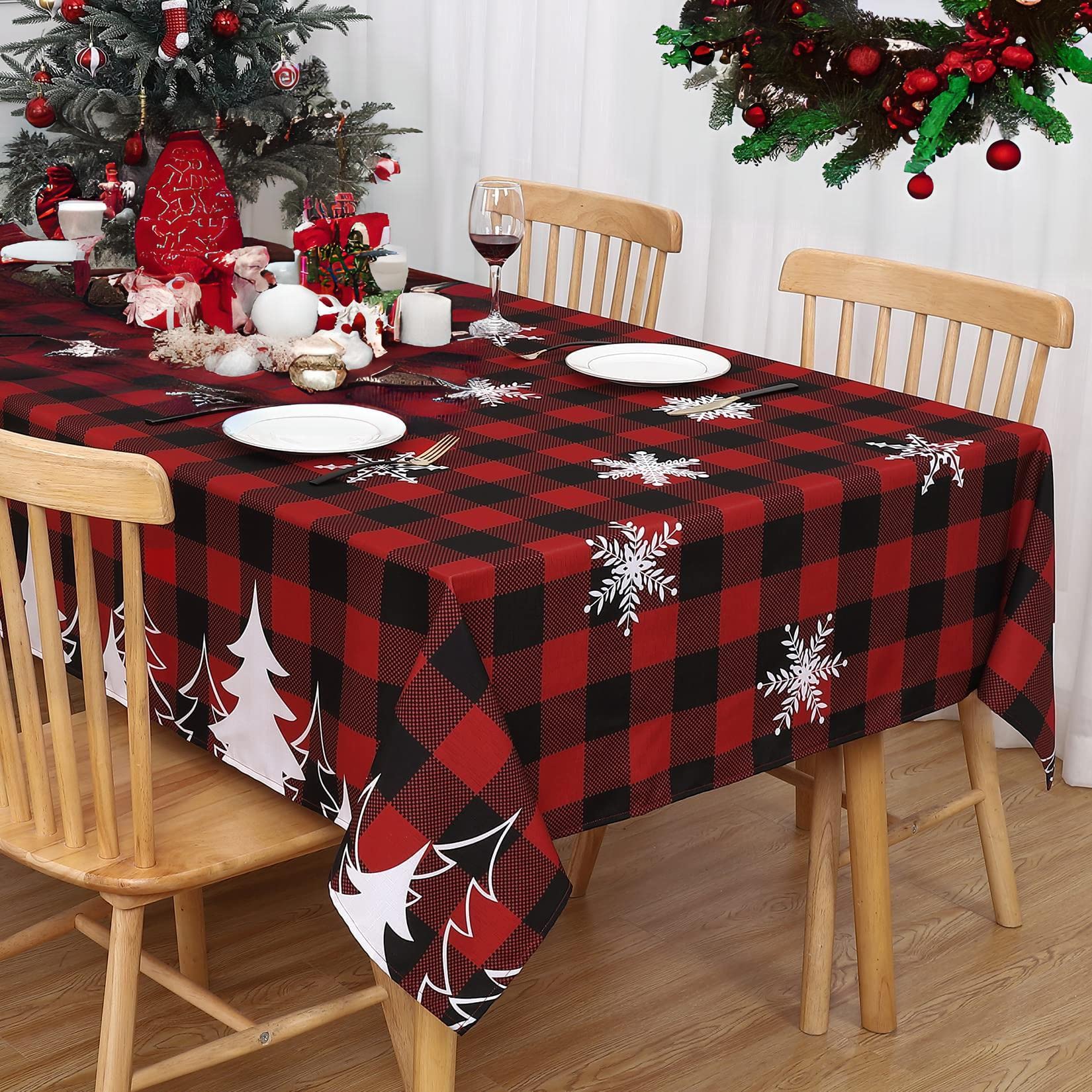 Garvee Christmas Tablecloth Snowflakes Water-Resistant Fabric Elegance Polyester Plaid Table Cloth for Xmas Parties Holiday Dinner Tabletop, Rectangle