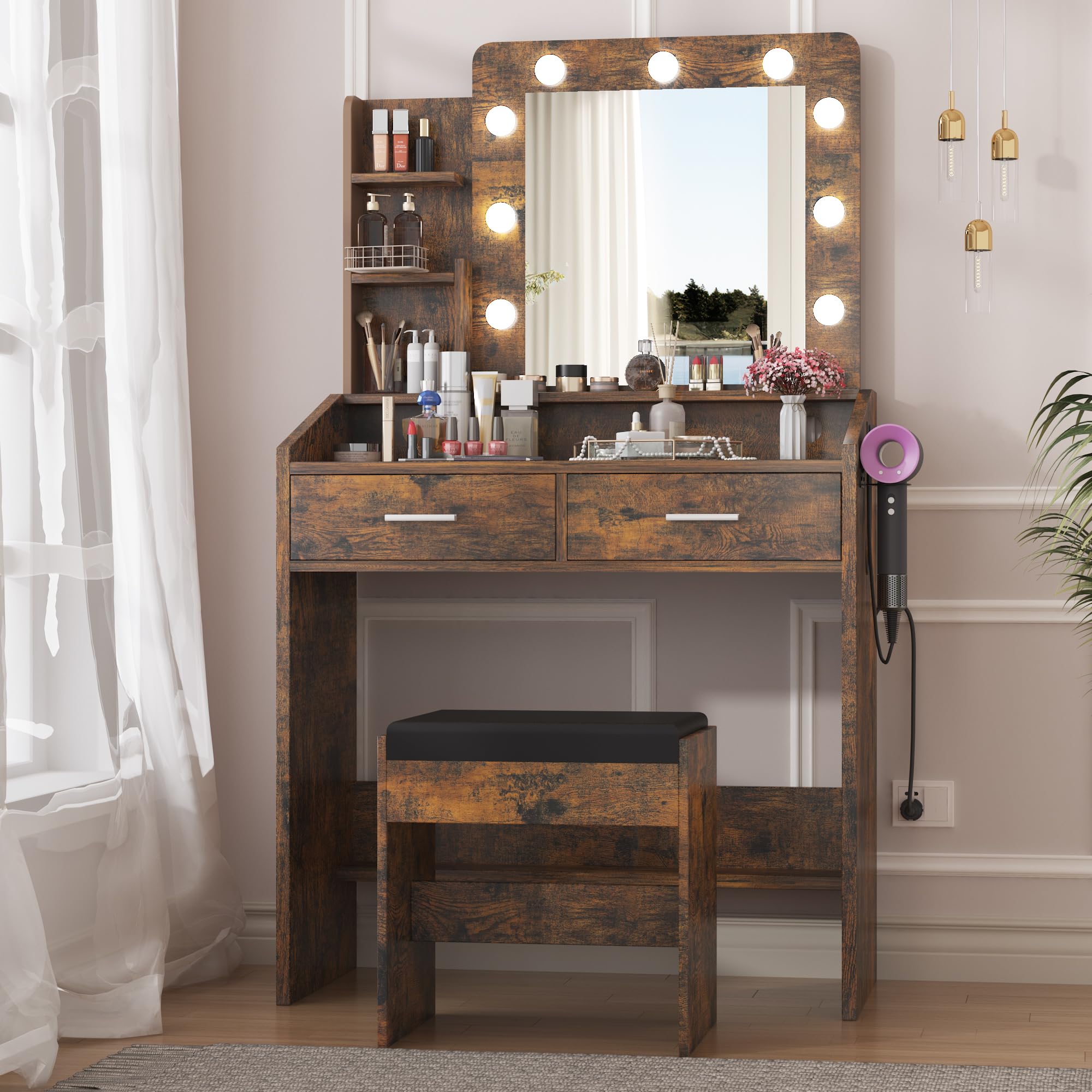 Garvee Vanity Desk with Mirror and Lights, Makeup Vanity with Power Outlet & Cushioned Stool, 3 Lighting Modes Adjustable Brightness, Dressing Table w