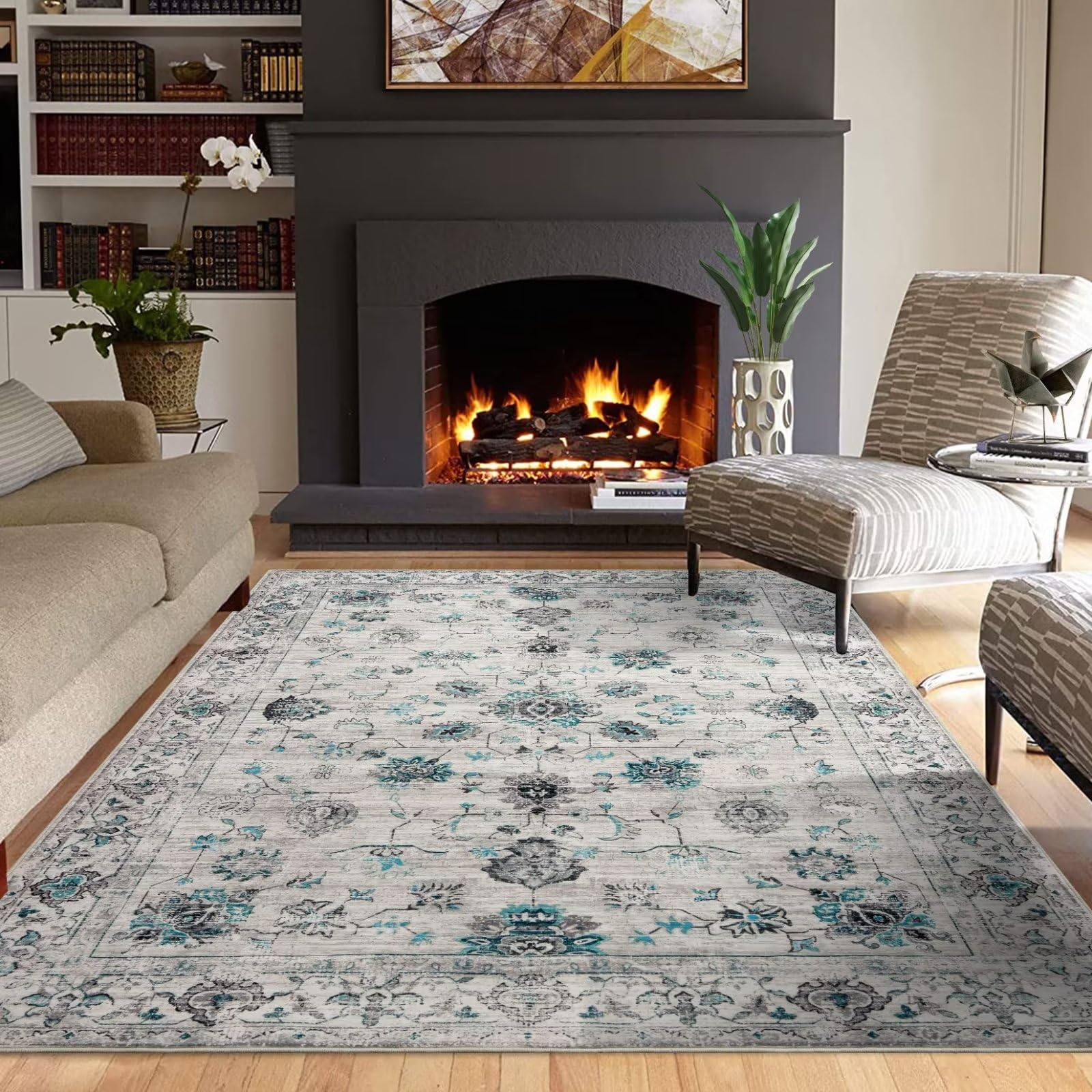 Garvee Area Rug 3x5 Vintage Rug Boho Floral Distressed Rug Traditional Indoor Carpet for Living Room Bedroom Washable Rug Foldable Thin Floor Mat Non-